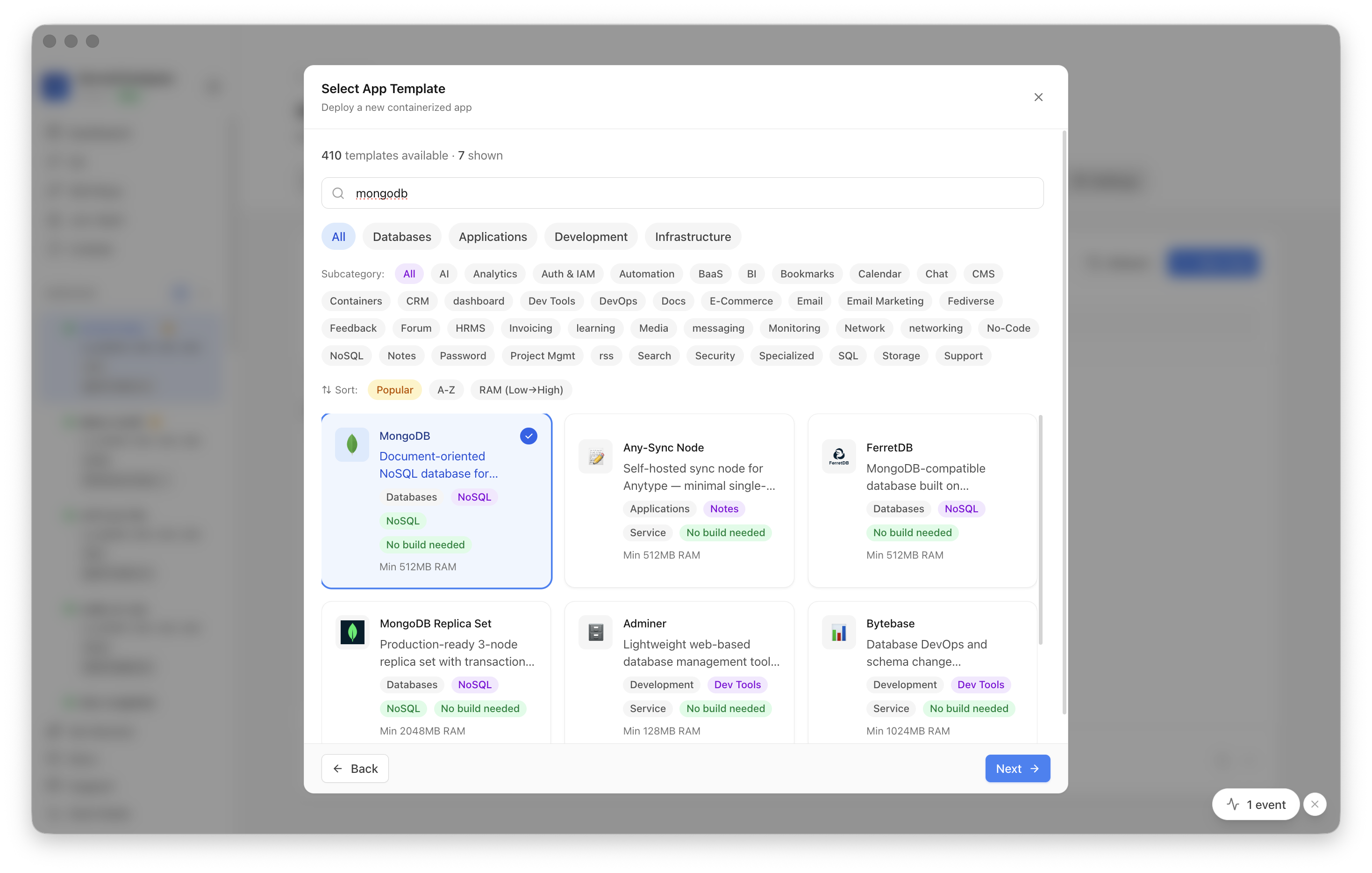 MongoDB template selected in Server Compass