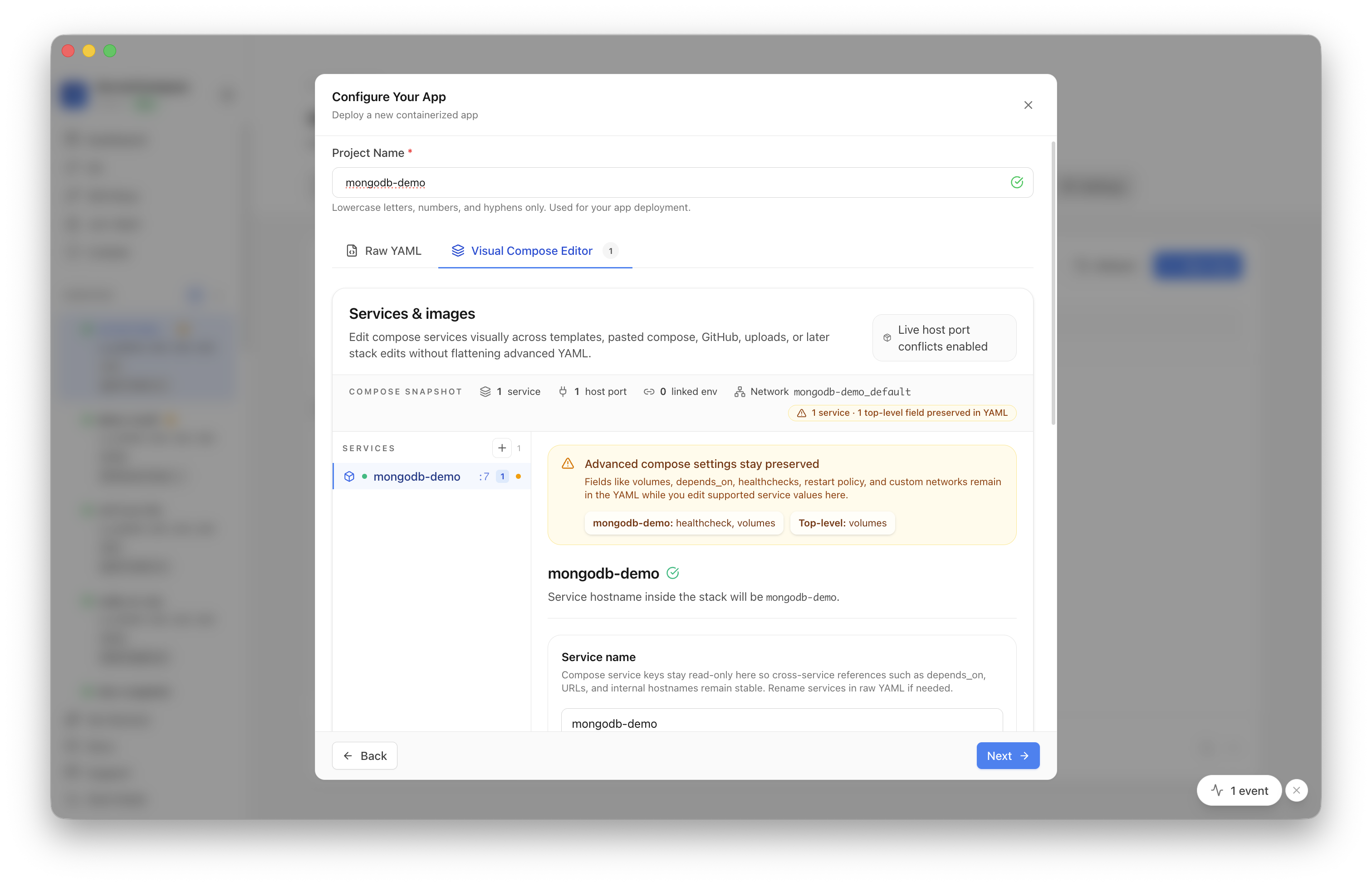Reviewing MongoDB deployment settings and host port mapping