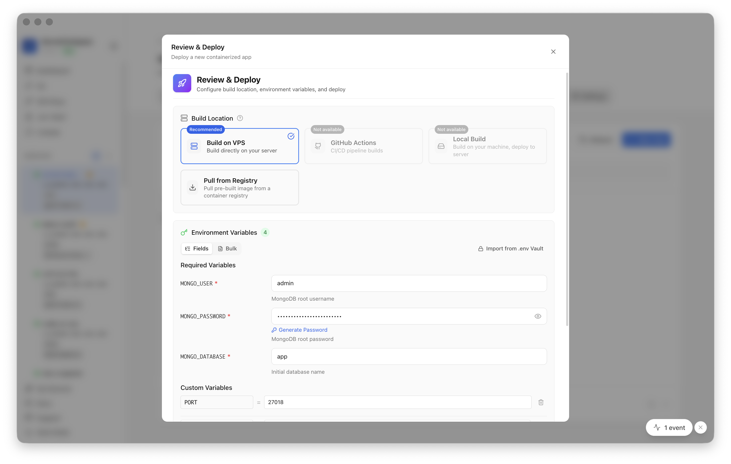 Reviewing MongoDB settings before clicking Deploy Now
