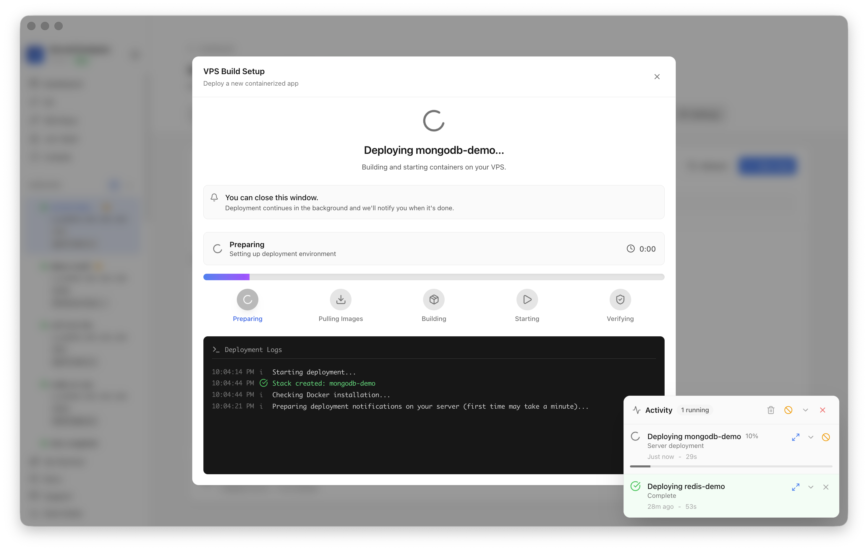 Server Compass deploying the MongoDB template on the VPS