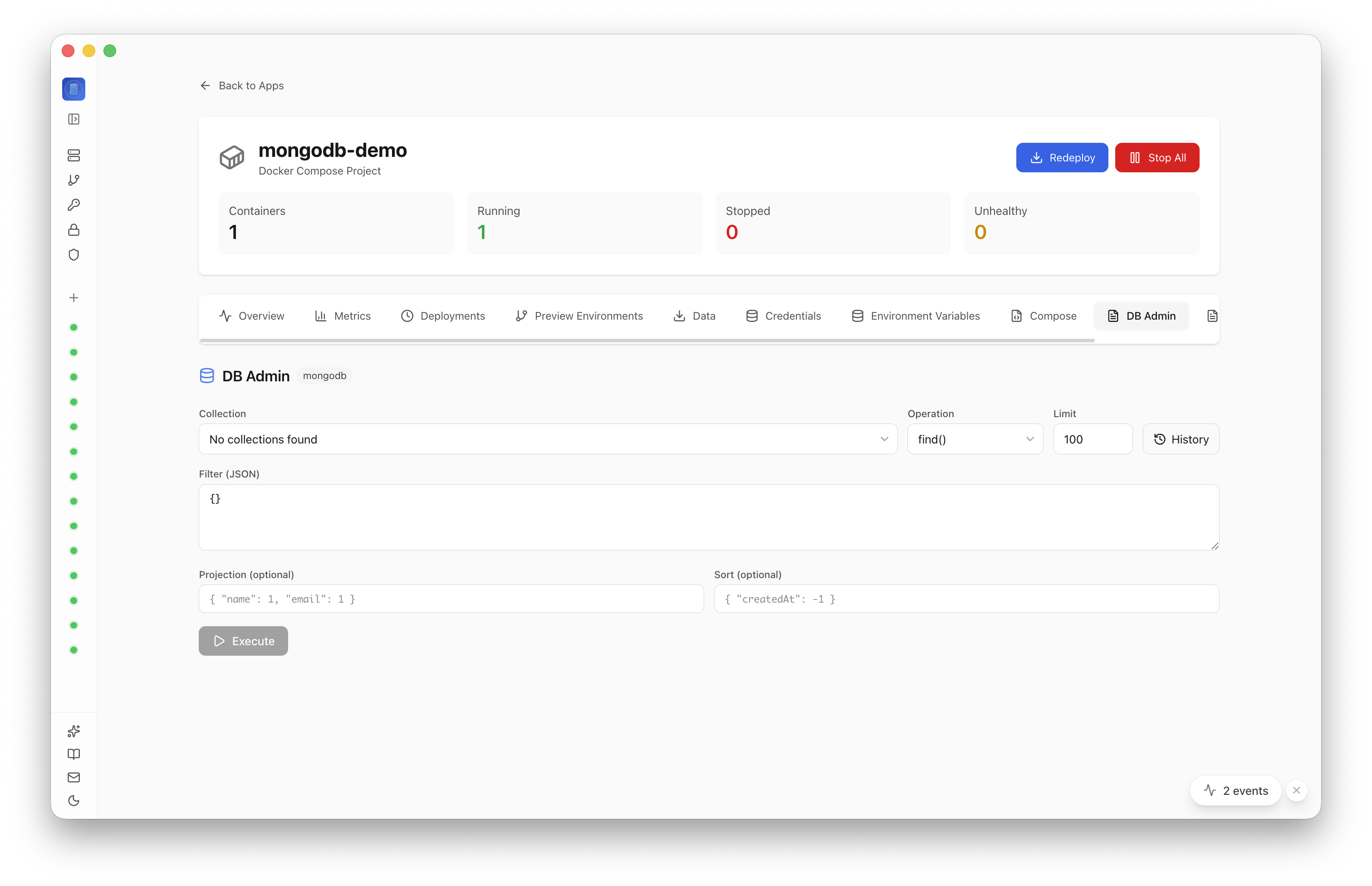 MongoDB DB Admin page showing the deployed database is reachable