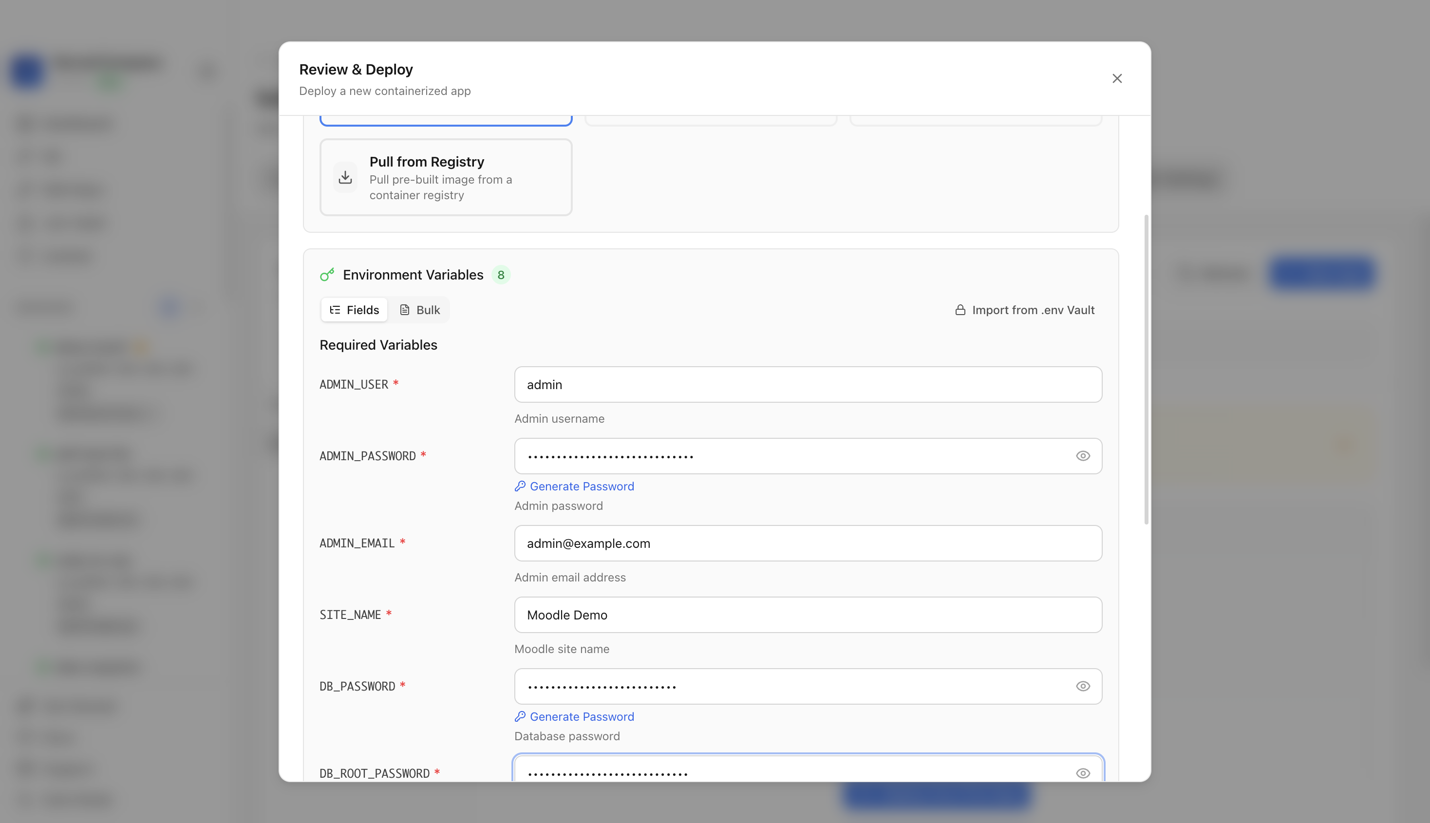 Reviewing Moodle environment variables and port before deployment