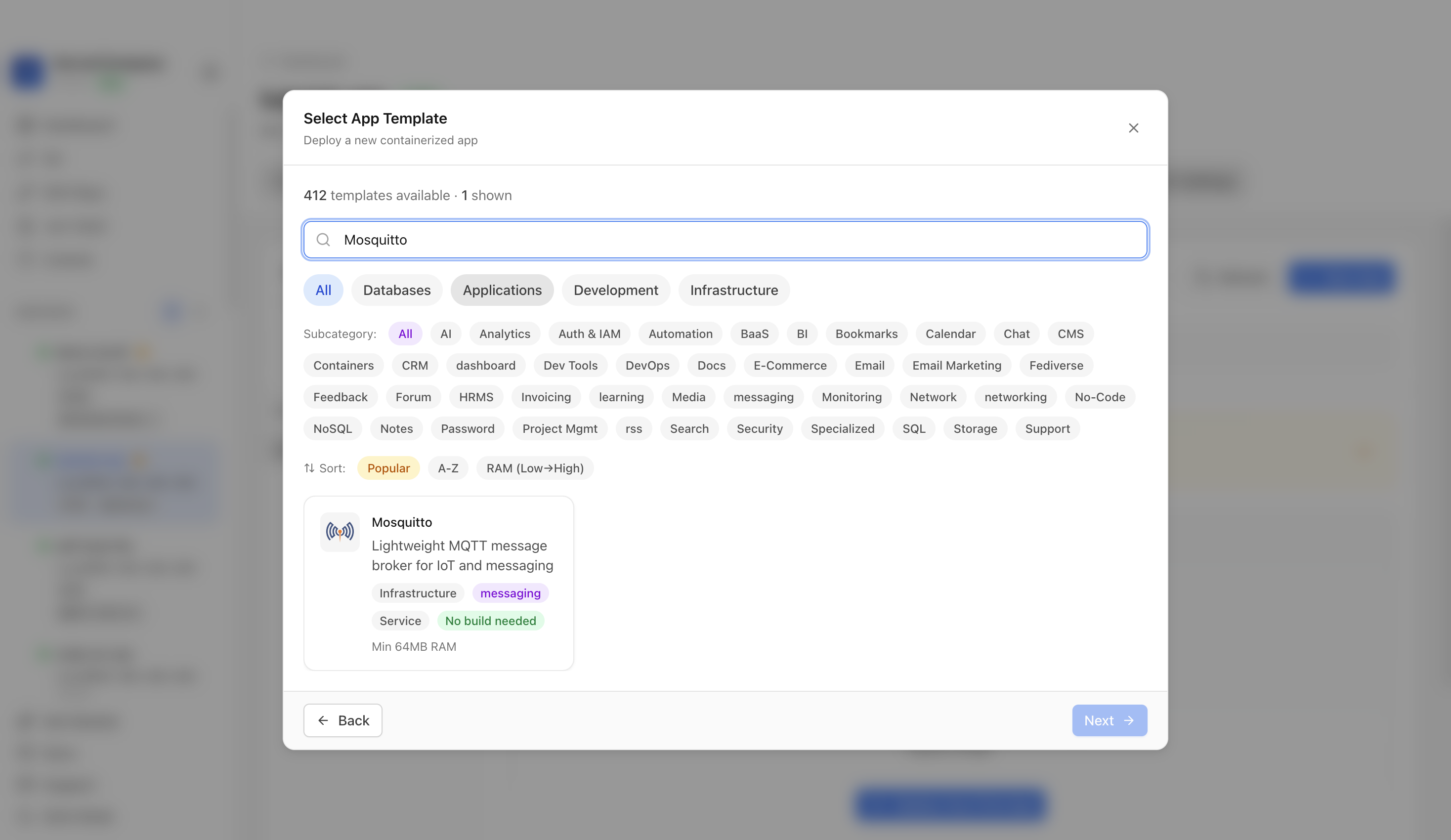 Searching for Mosquitto in the Server Compass template picker