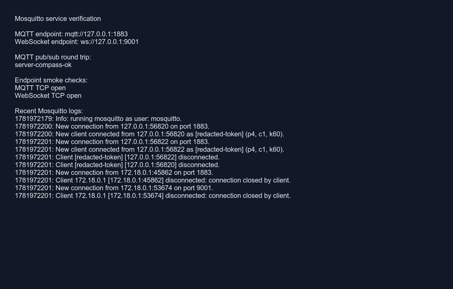 Mosquitto service verification output from logs