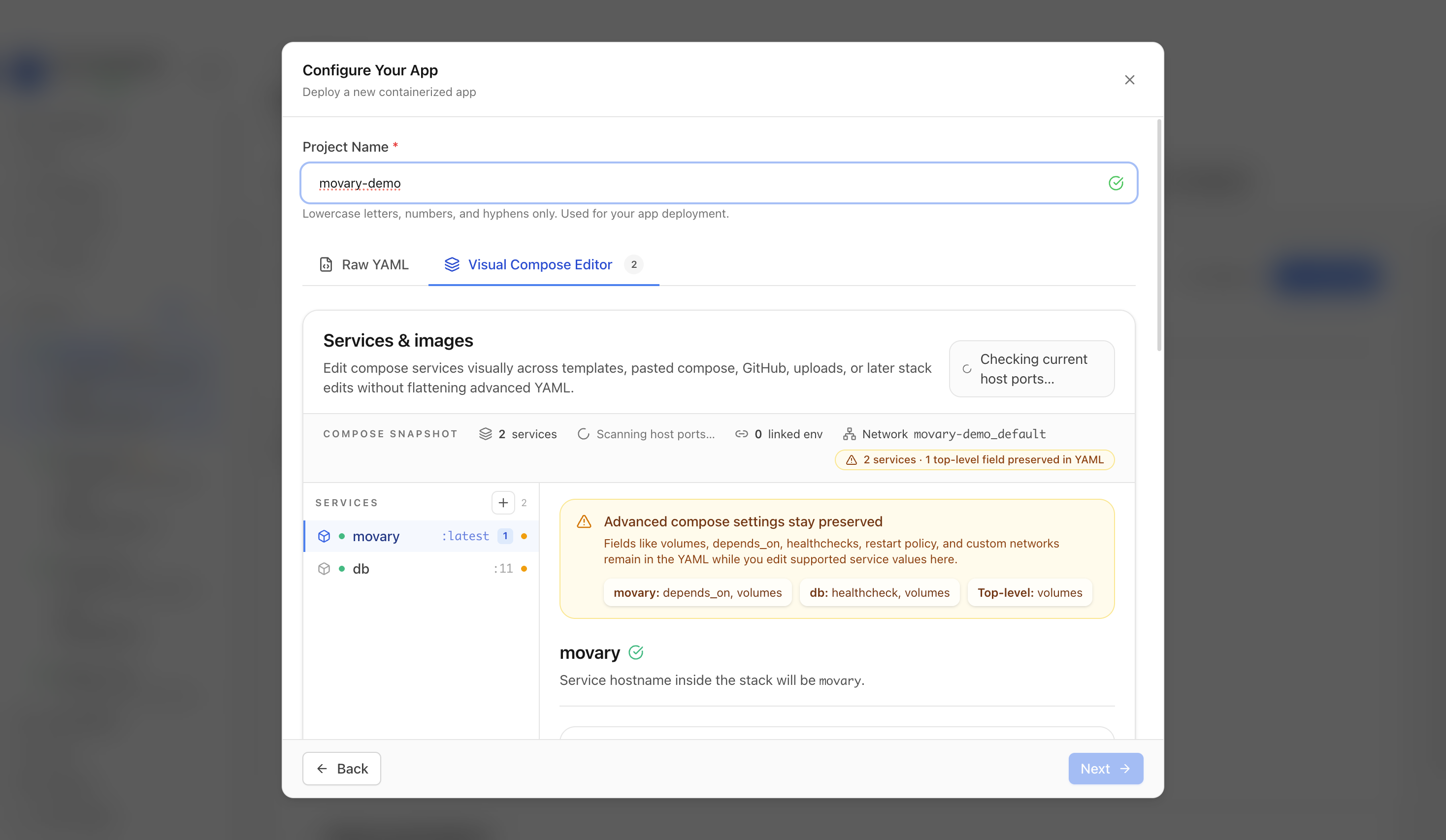 Reviewing Movary project settings and compose service