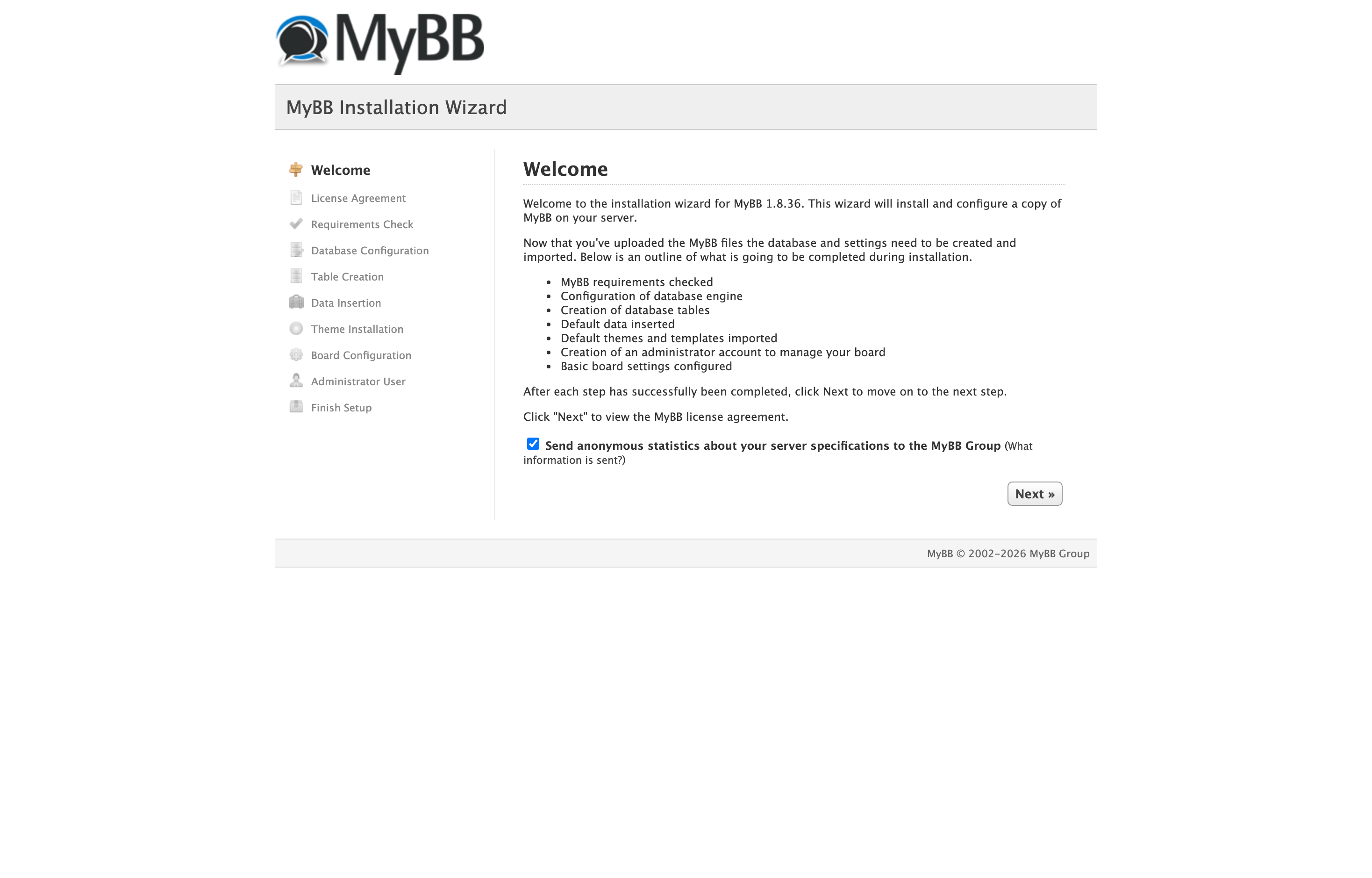 The deployed MyBB web UI loaded in a browser