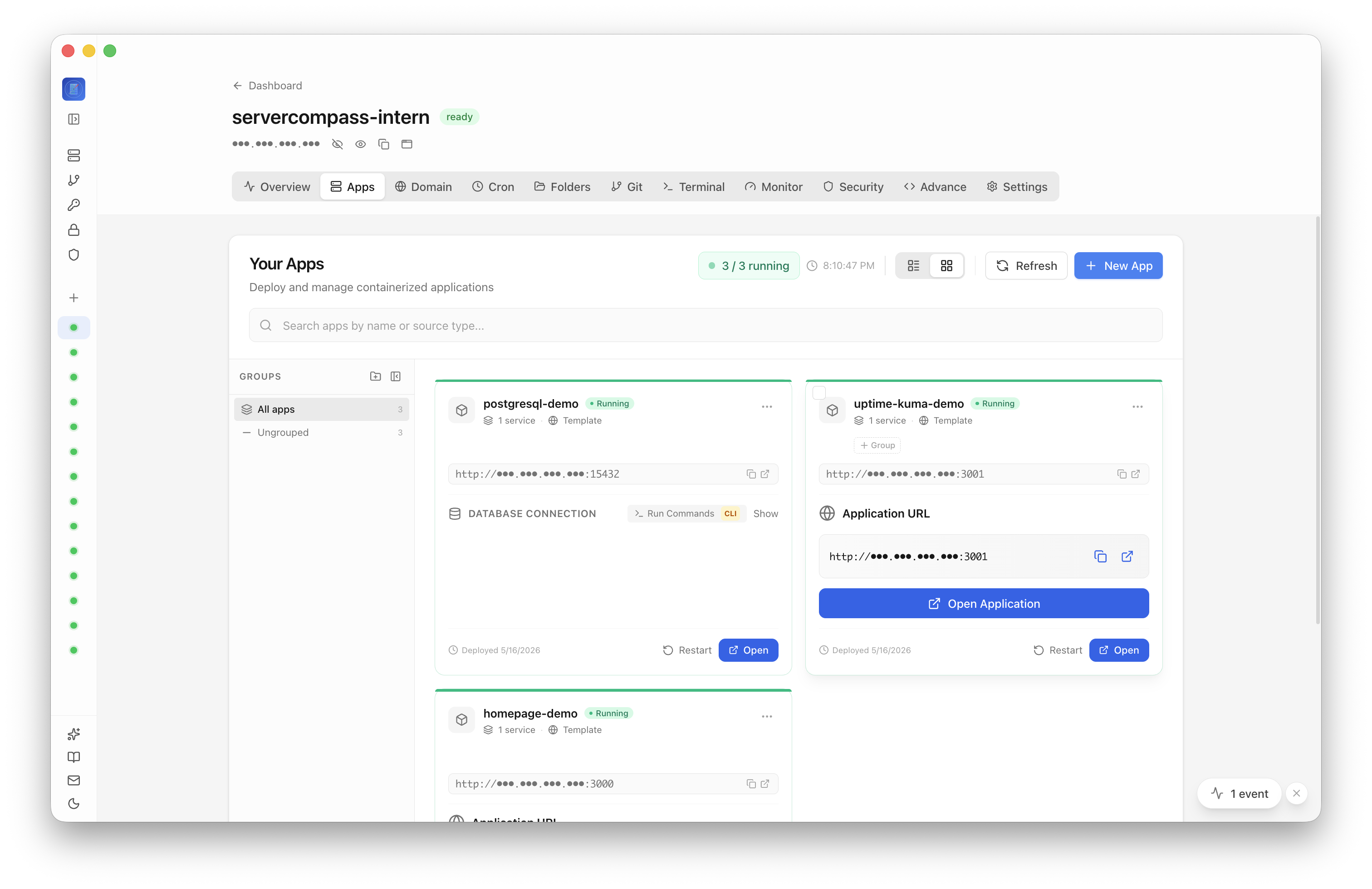 Server Compass Apps tab before creating a MySQL app
