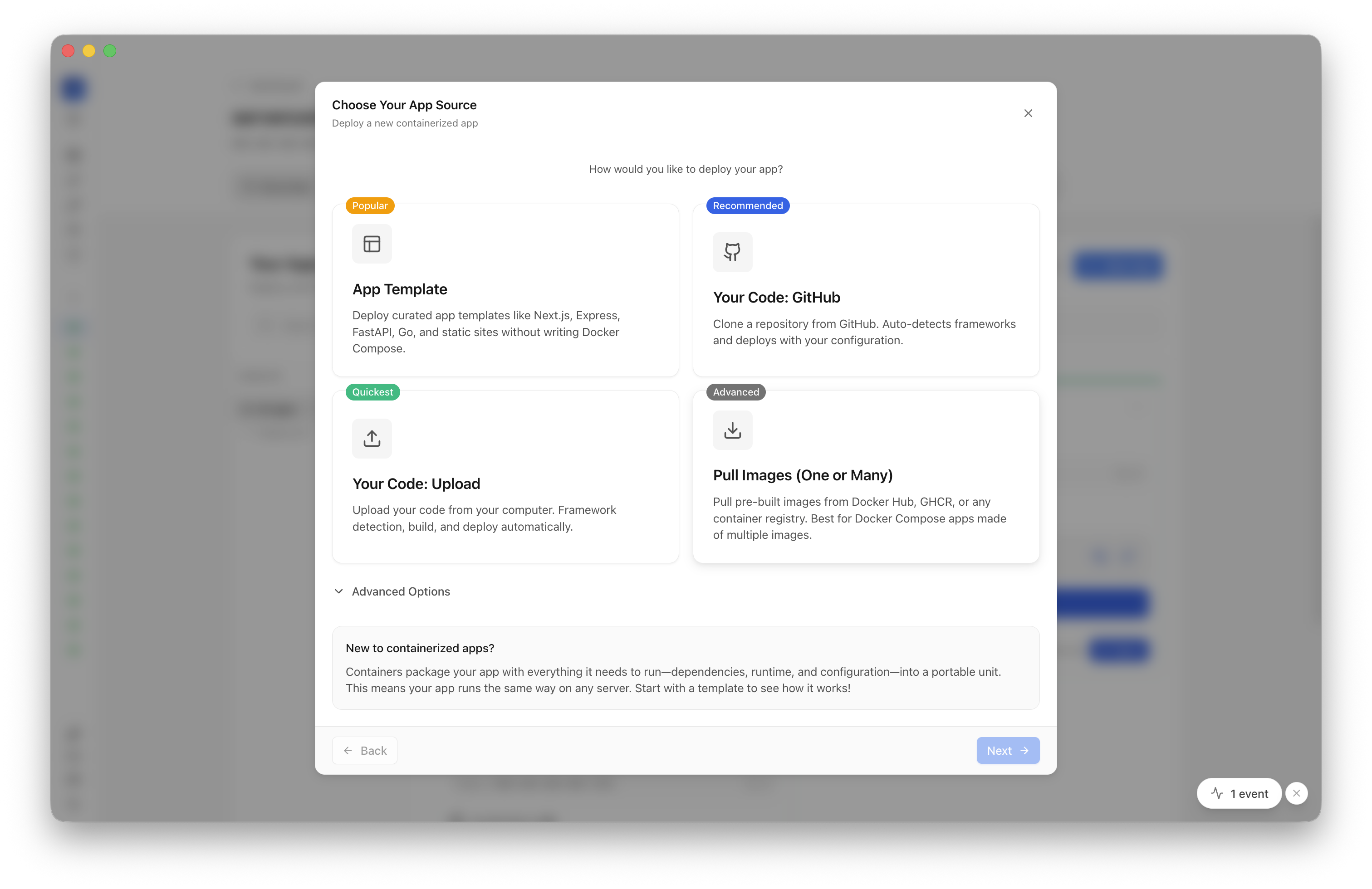 Choosing to deploy an app from a Server Compass template