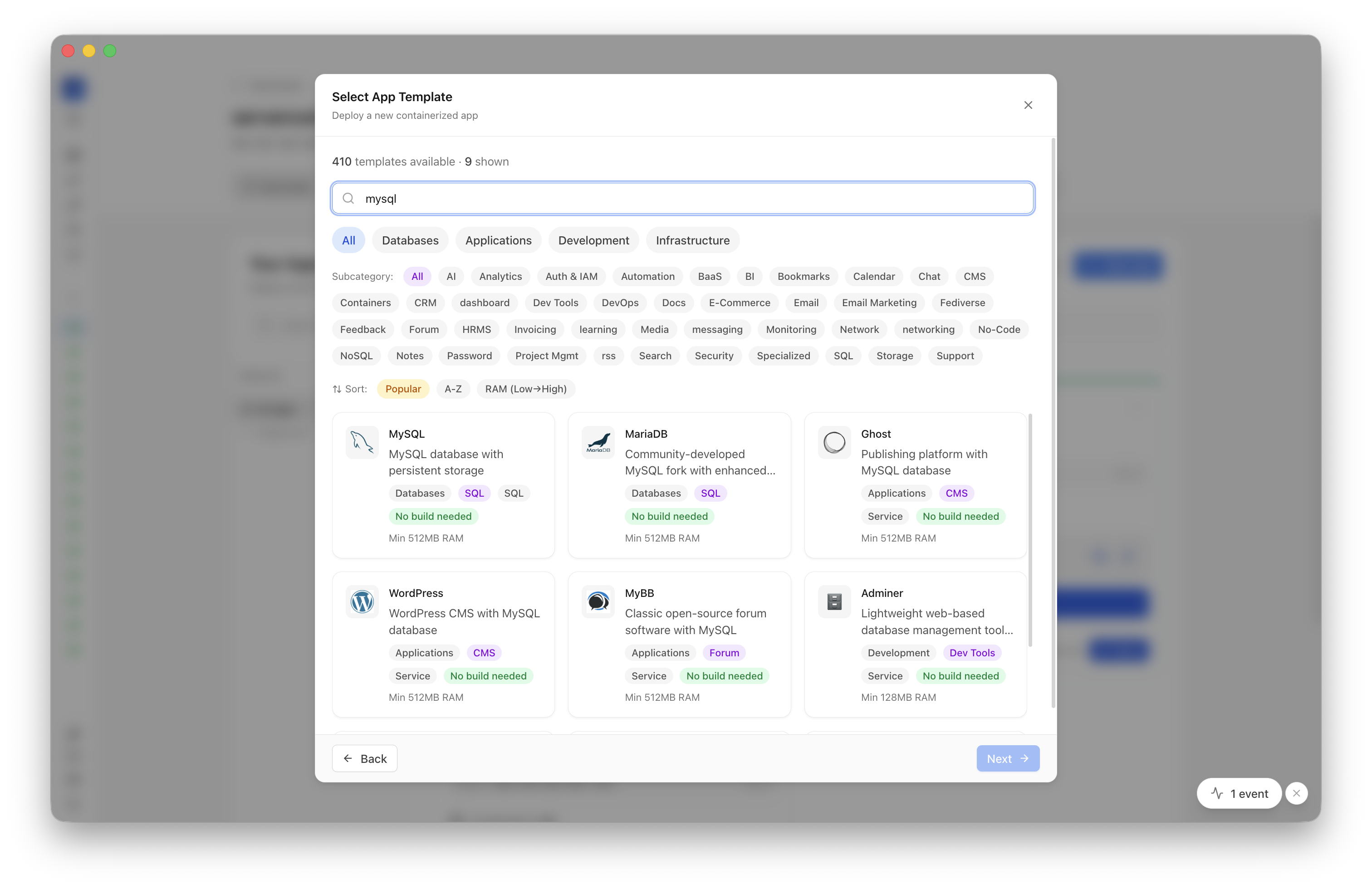 Searching for MySQL in the Server Compass template picker