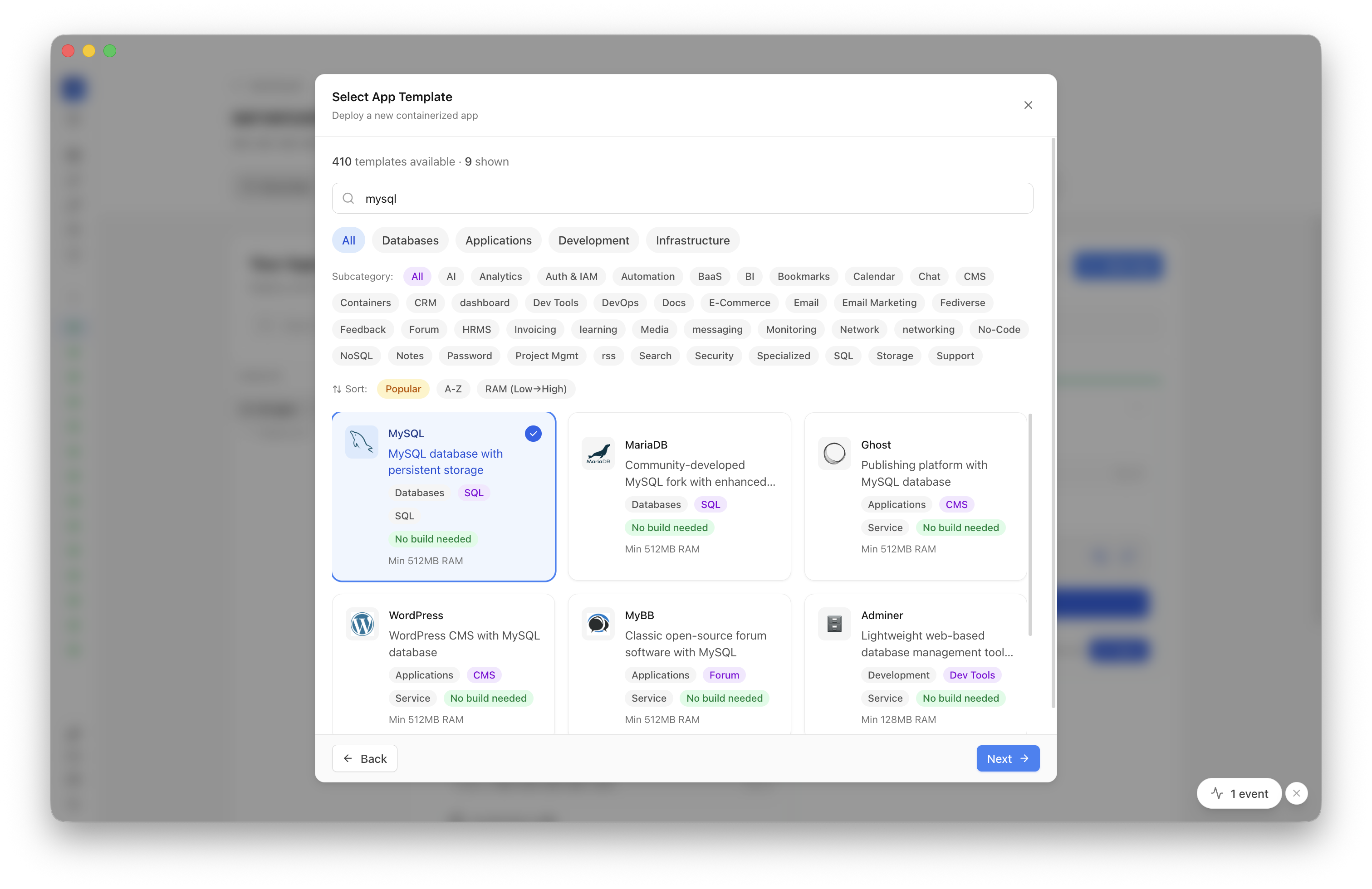 MySQL template selected in Server Compass