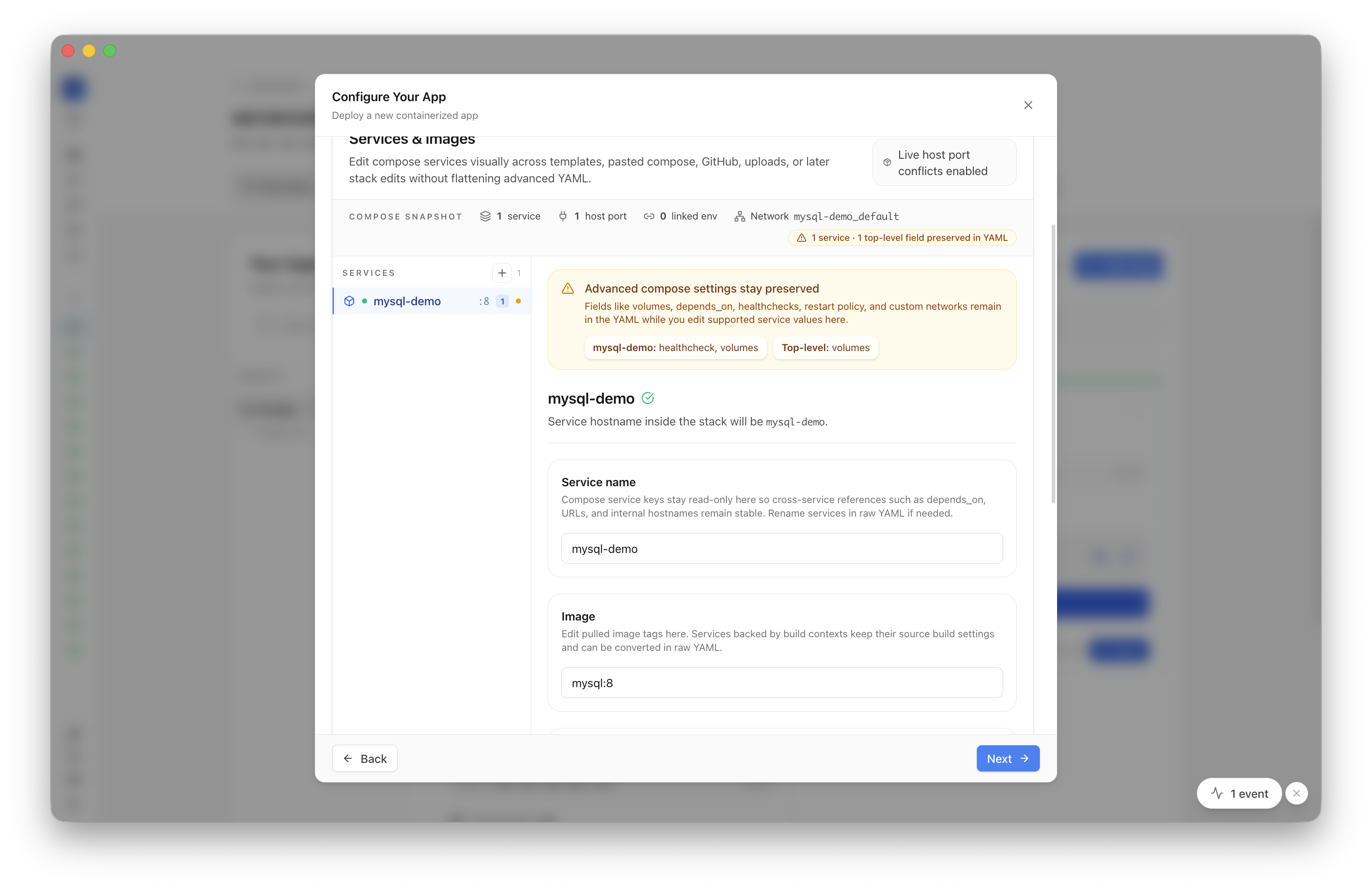 Reviewing MySQL deployment settings and generated credentials