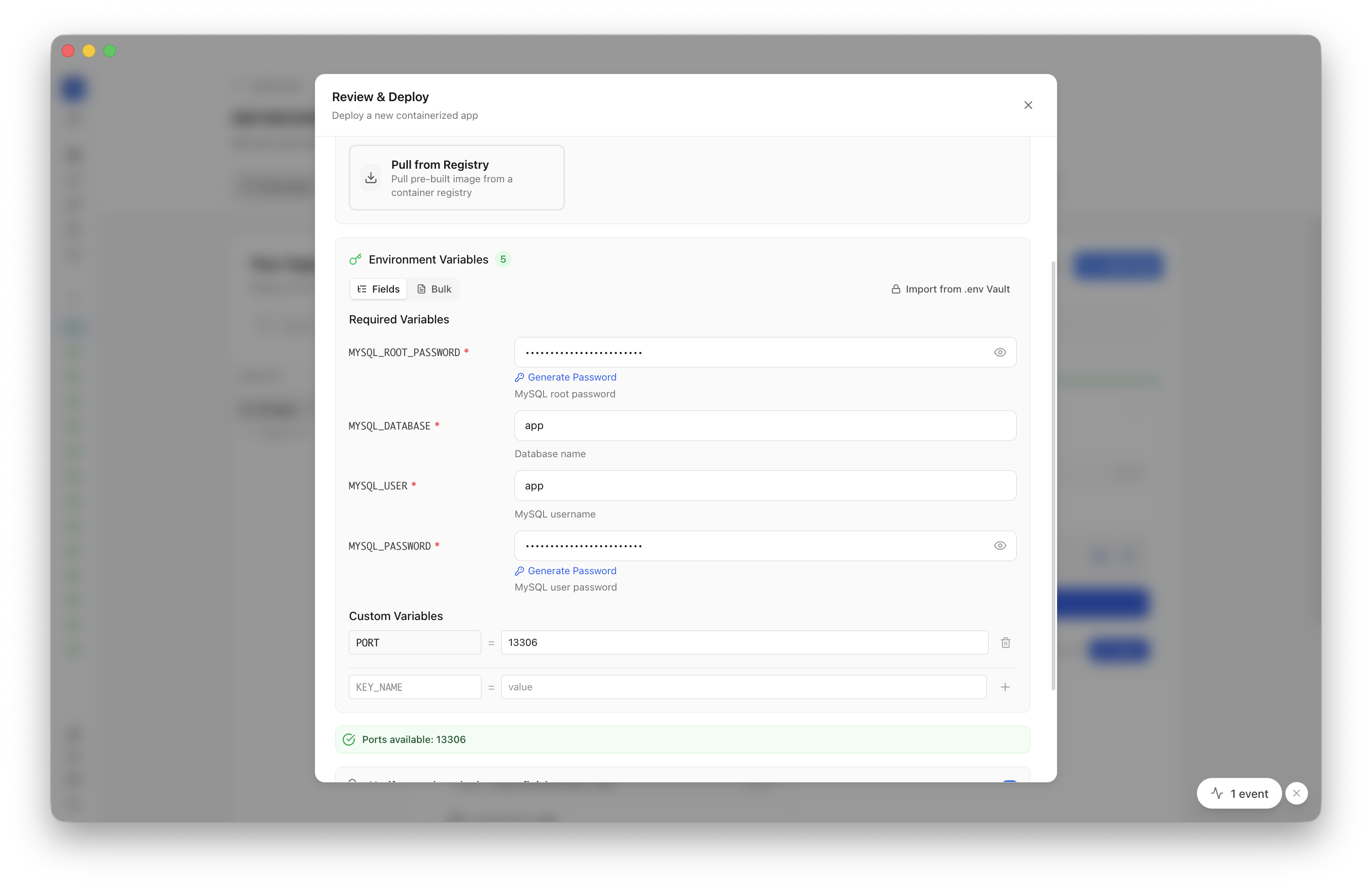 Reviewing MySQL settings before clicking Deploy Now