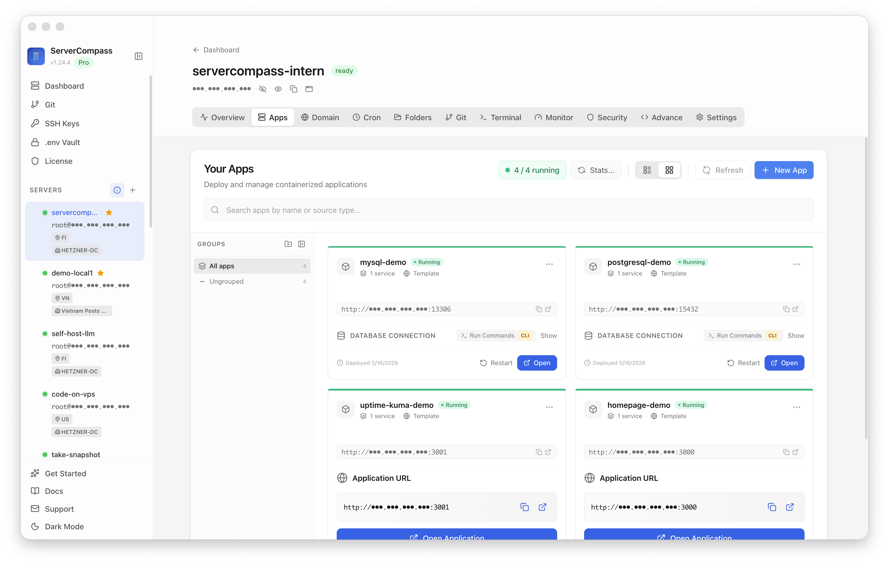 MySQL template running in the Server Compass Apps tab