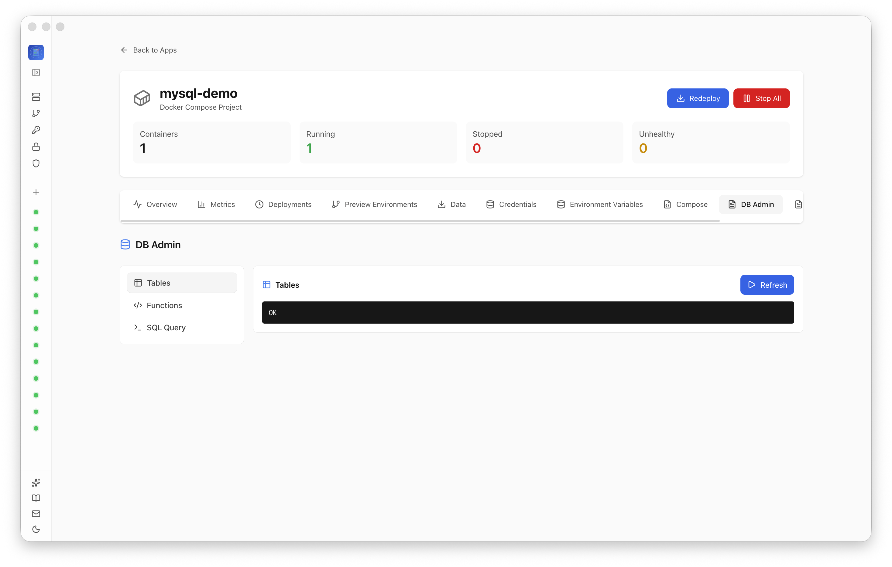 MySQL DB Admin page showing the deployed database is reachable