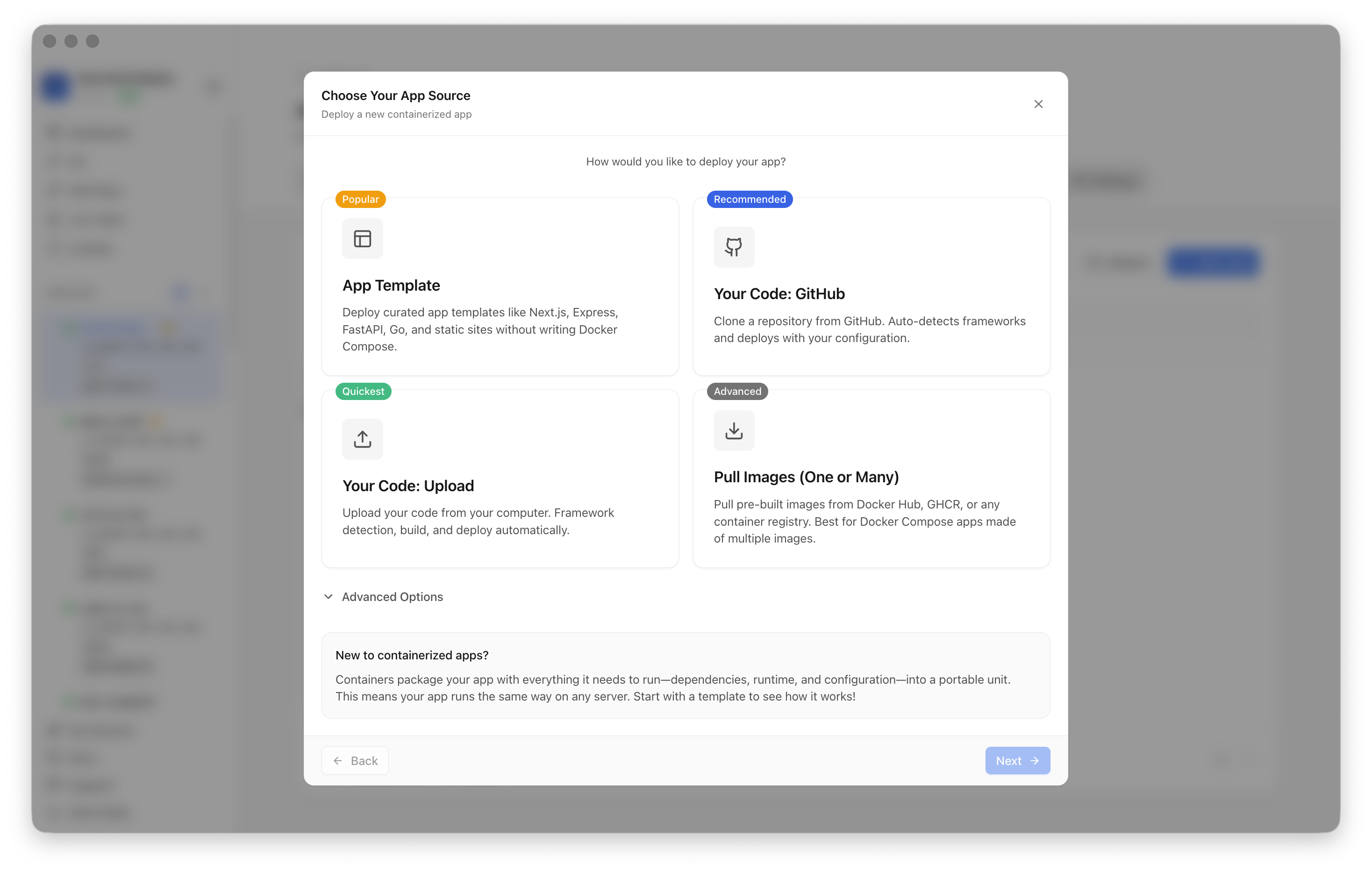 Choosing to deploy an app from a Server Compass template