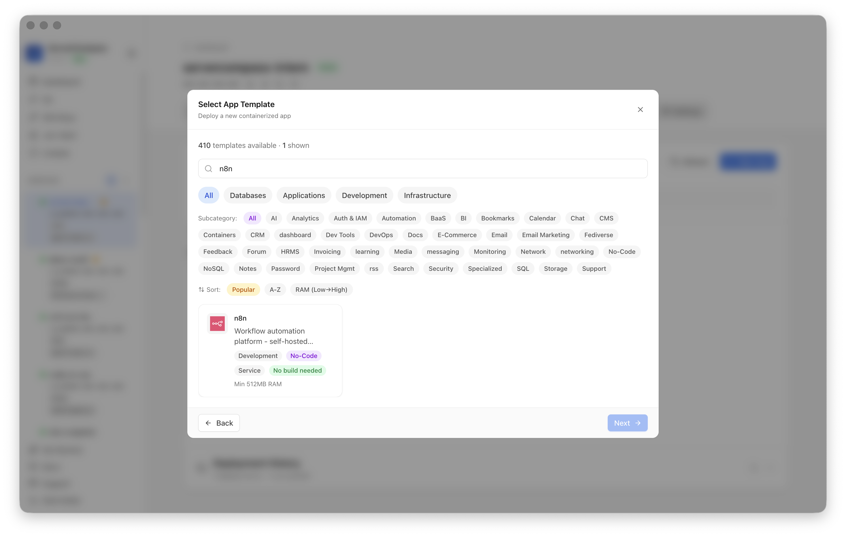 Searching for n8n in the Server Compass template picker