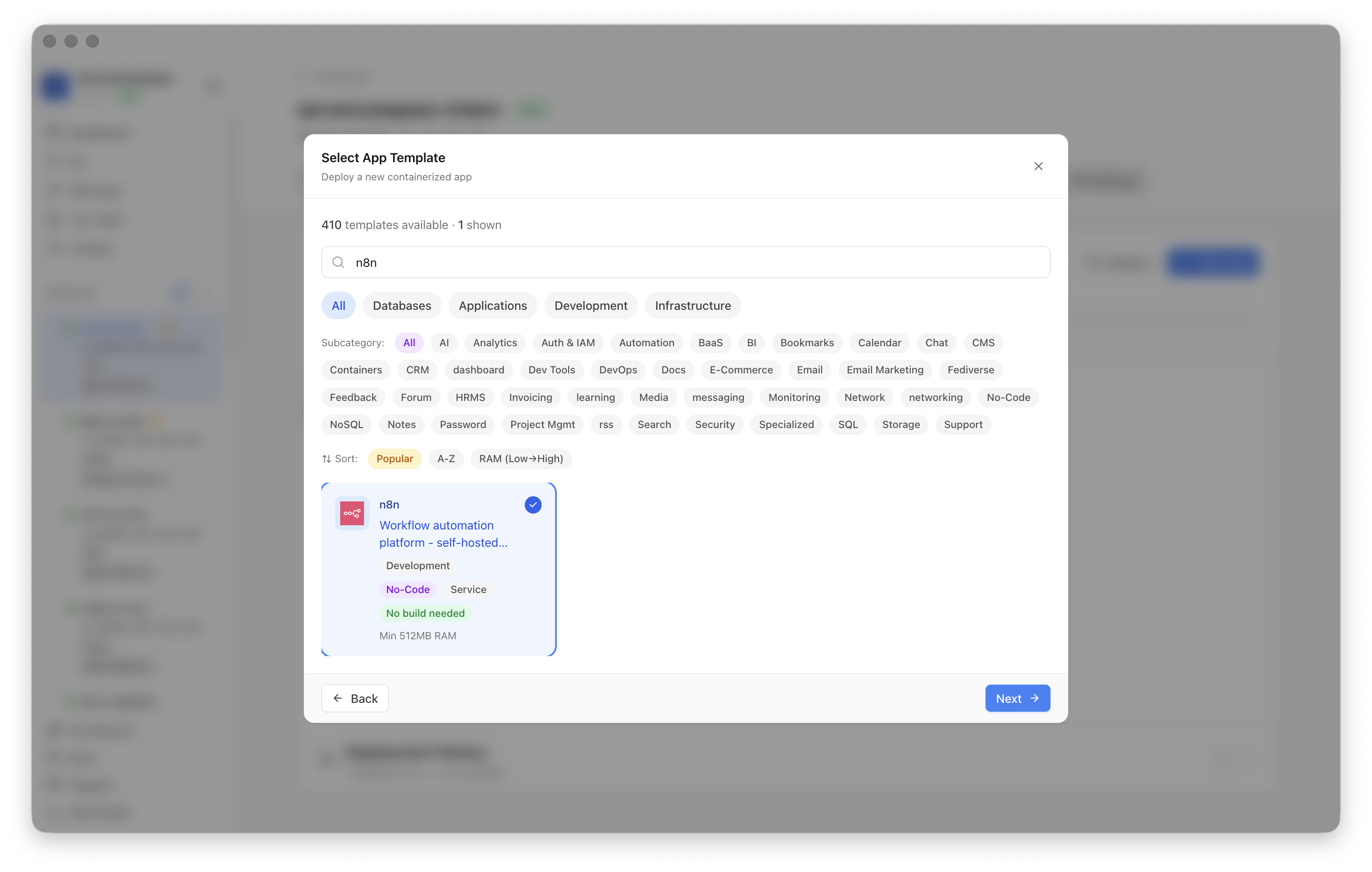 n8n template selected in Server Compass