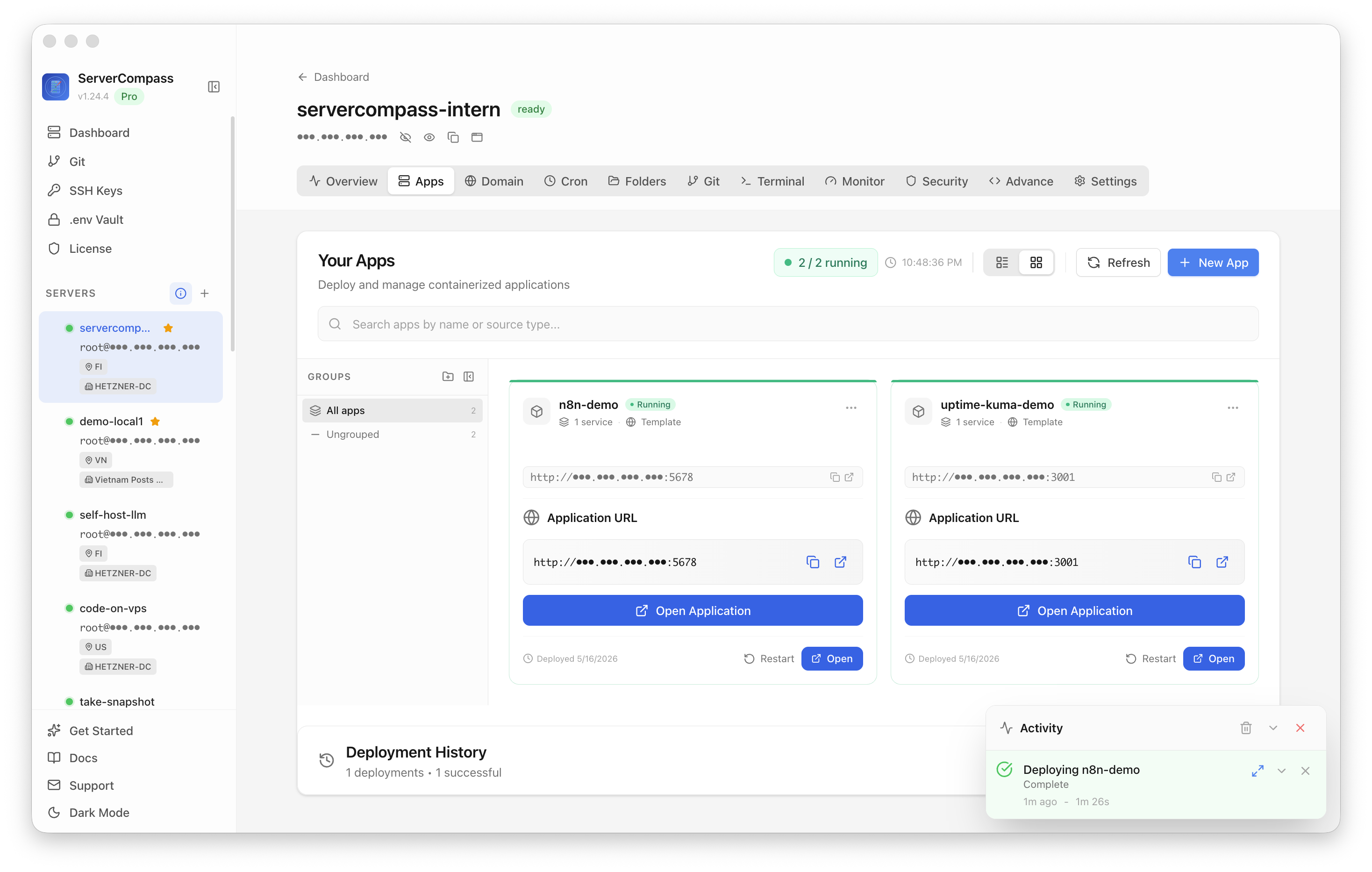 n8n template running in the Server Compass Apps tab