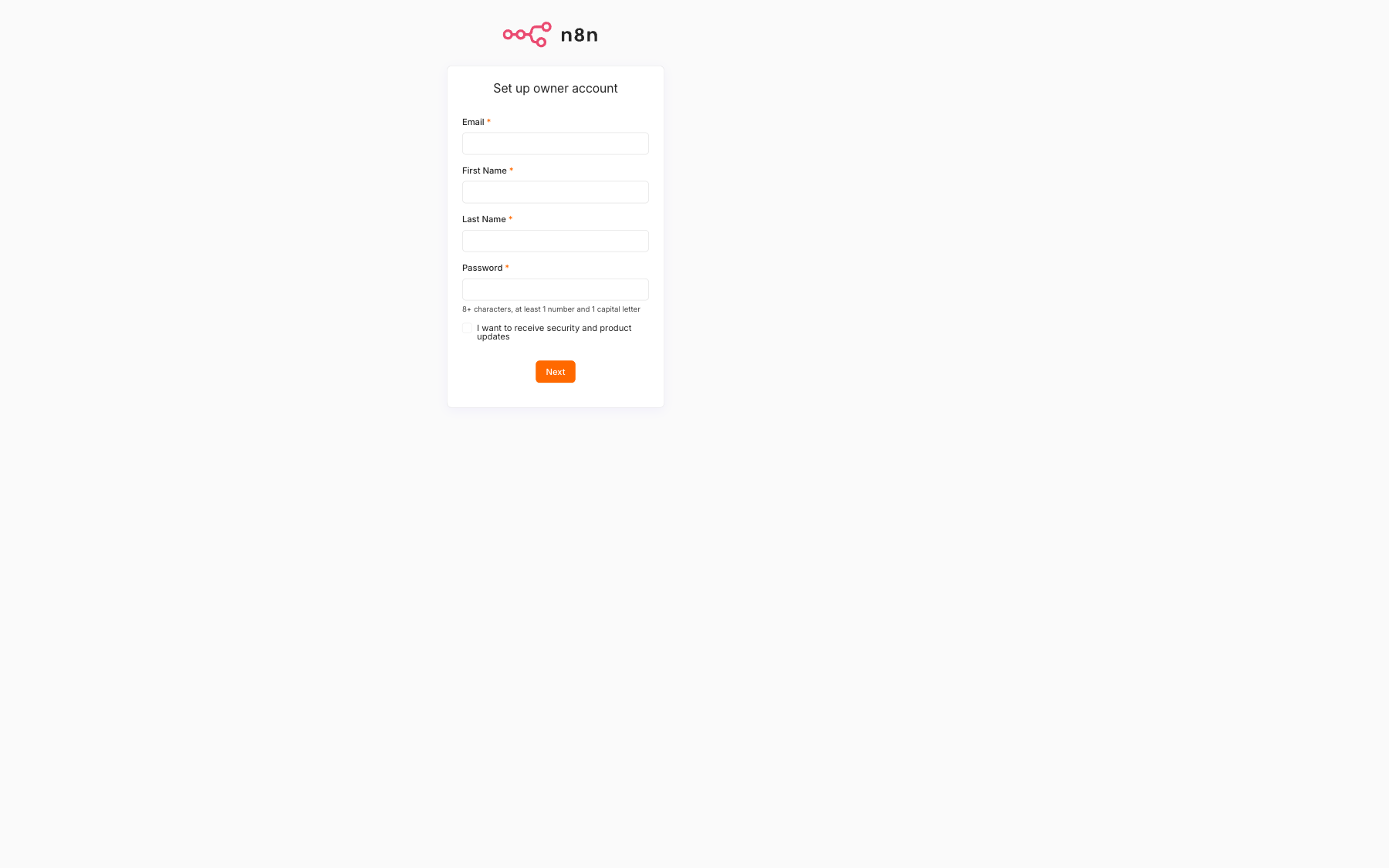 The deployed n8n owner account setup screen loaded in a browser