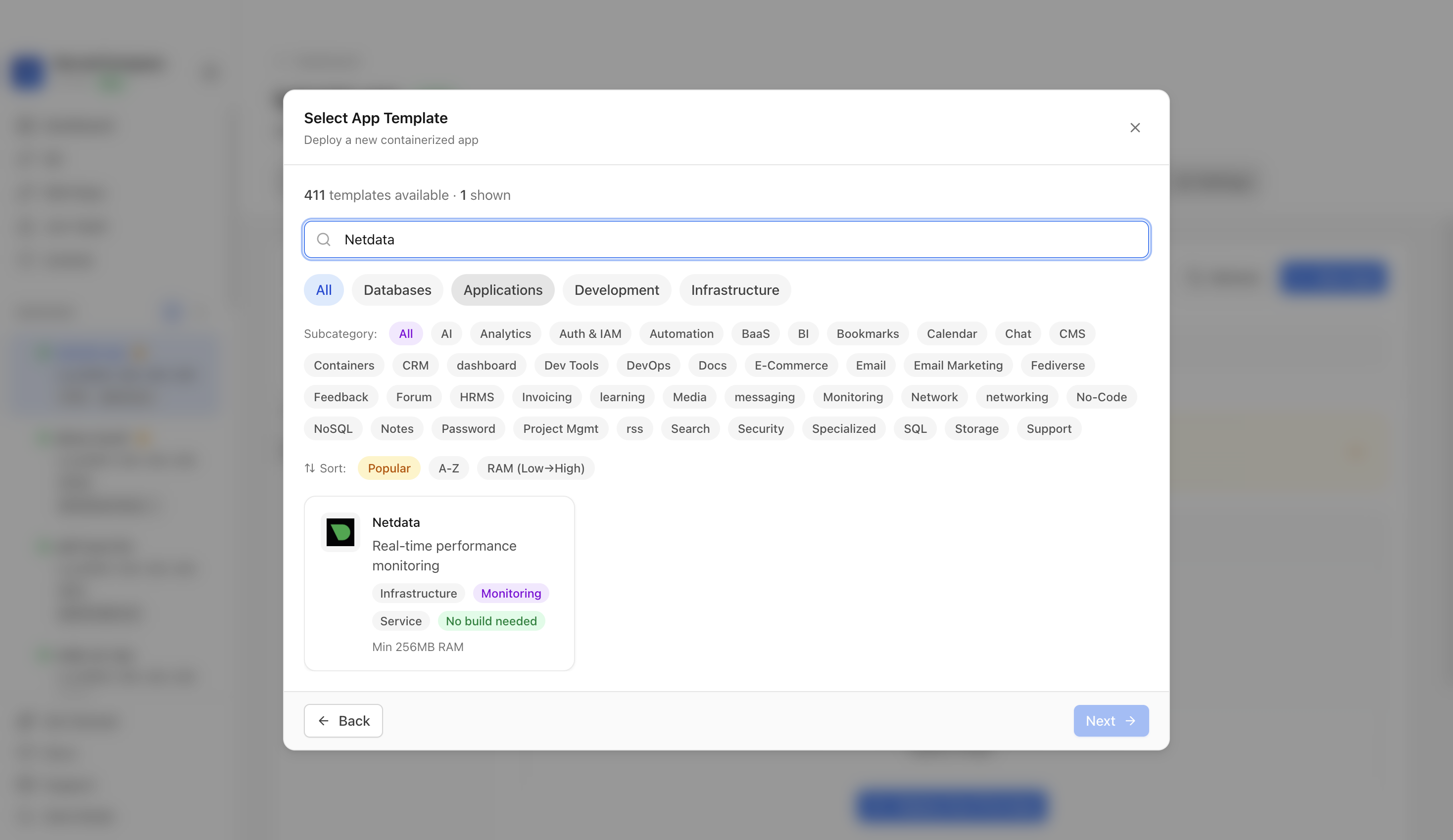Searching for Netdata in the Server Compass template picker