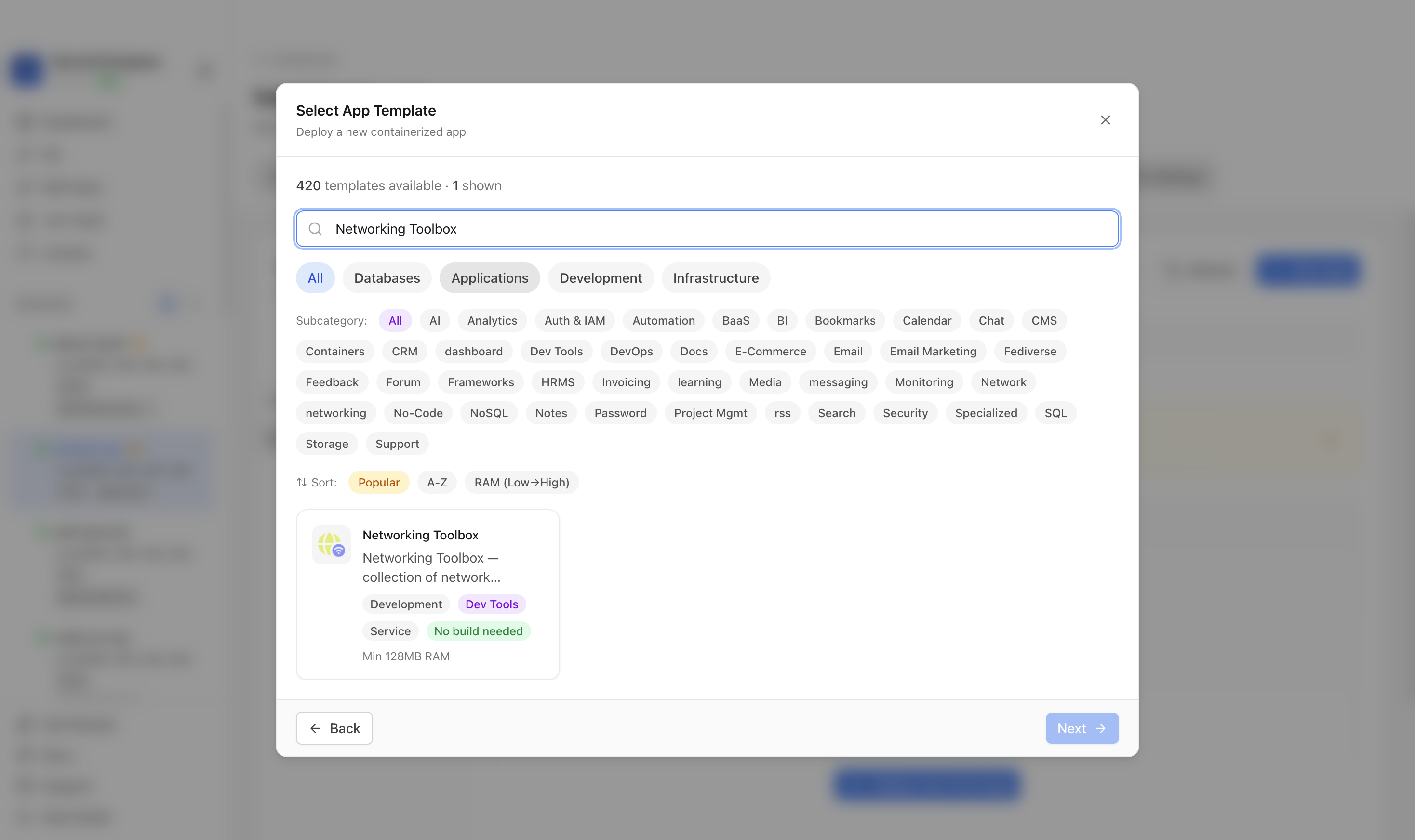 Searching for Networking Toolbox in the Server Compass template picker