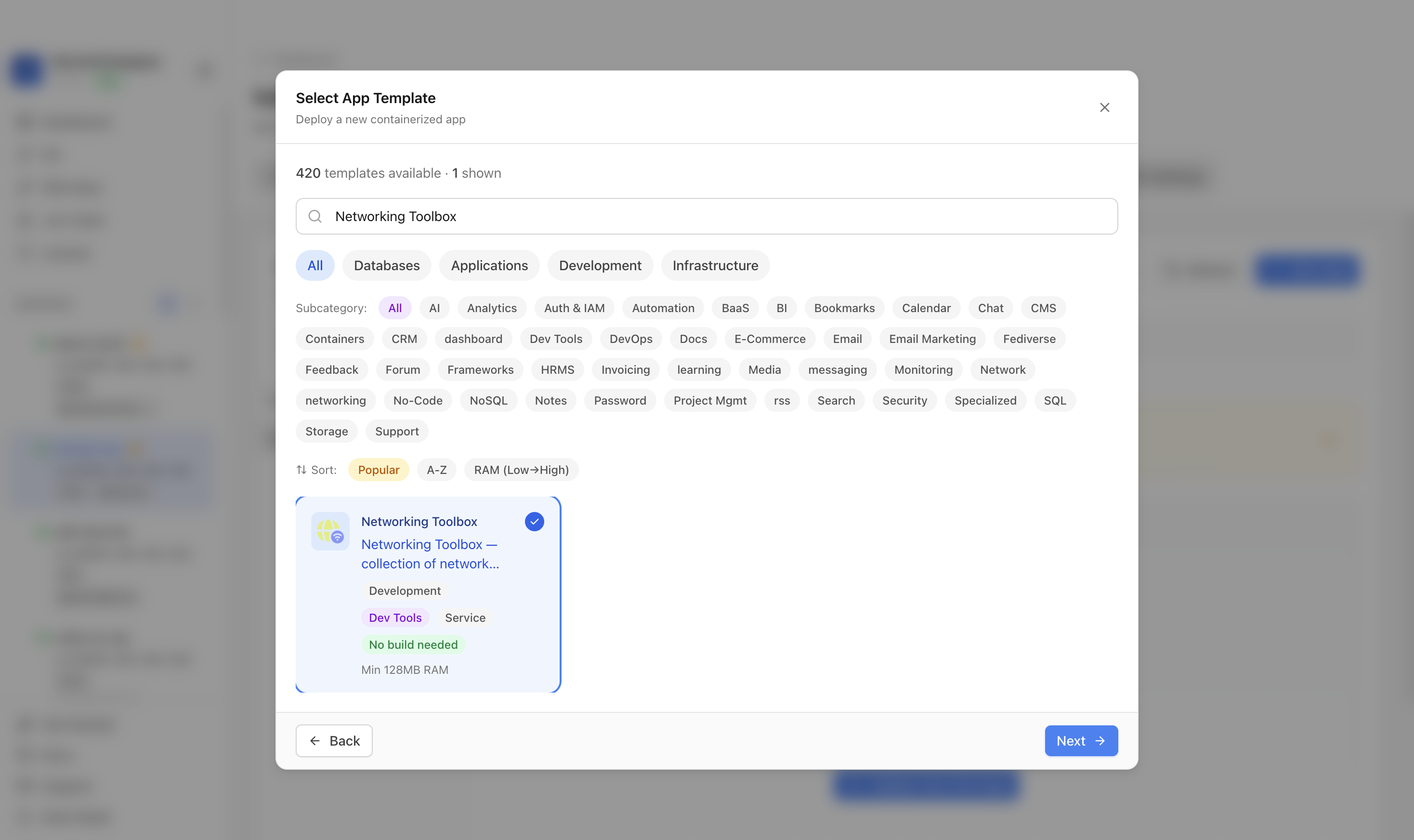 Networking Toolbox template selected in Server Compass