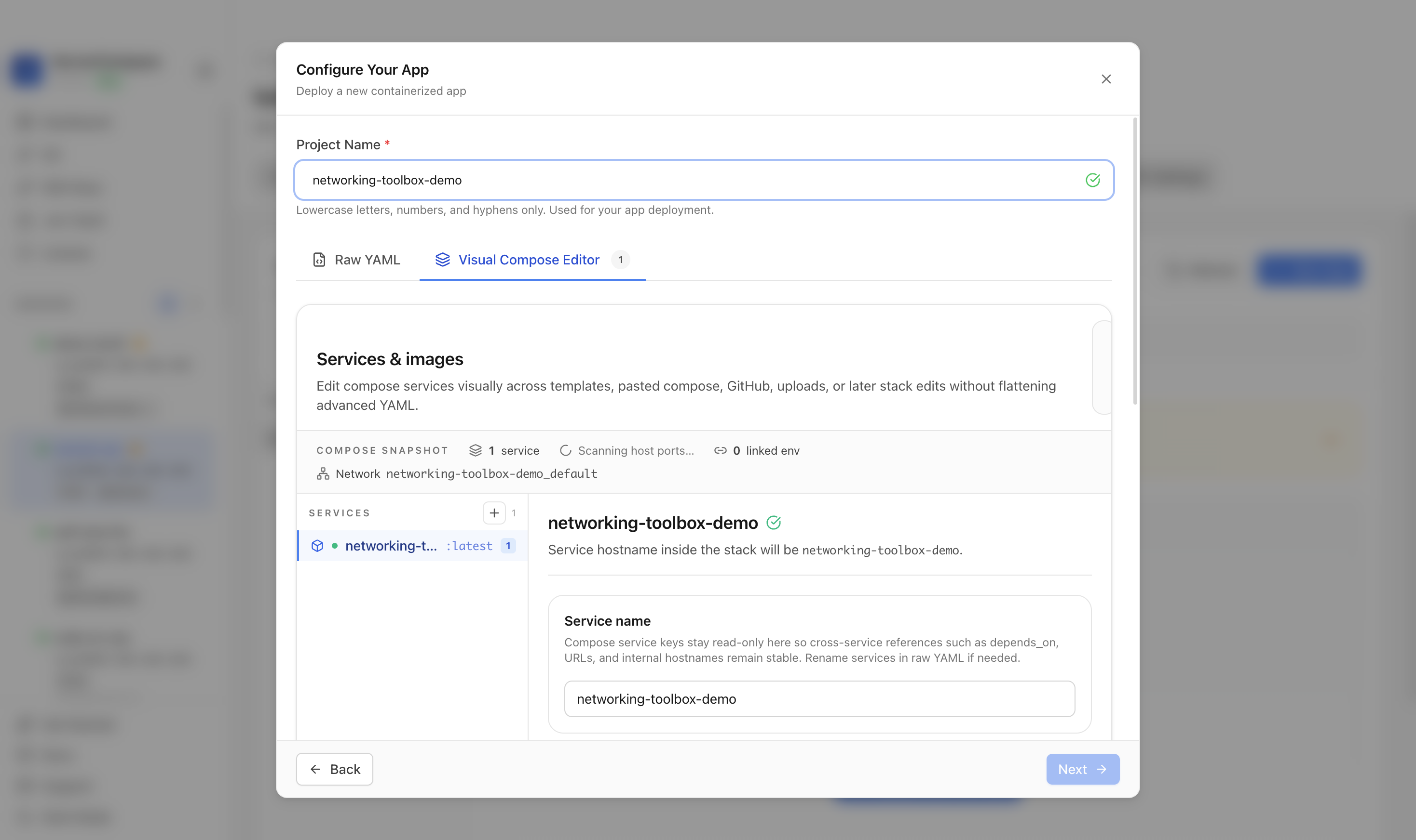 Reviewing Networking Toolbox project settings and compose services