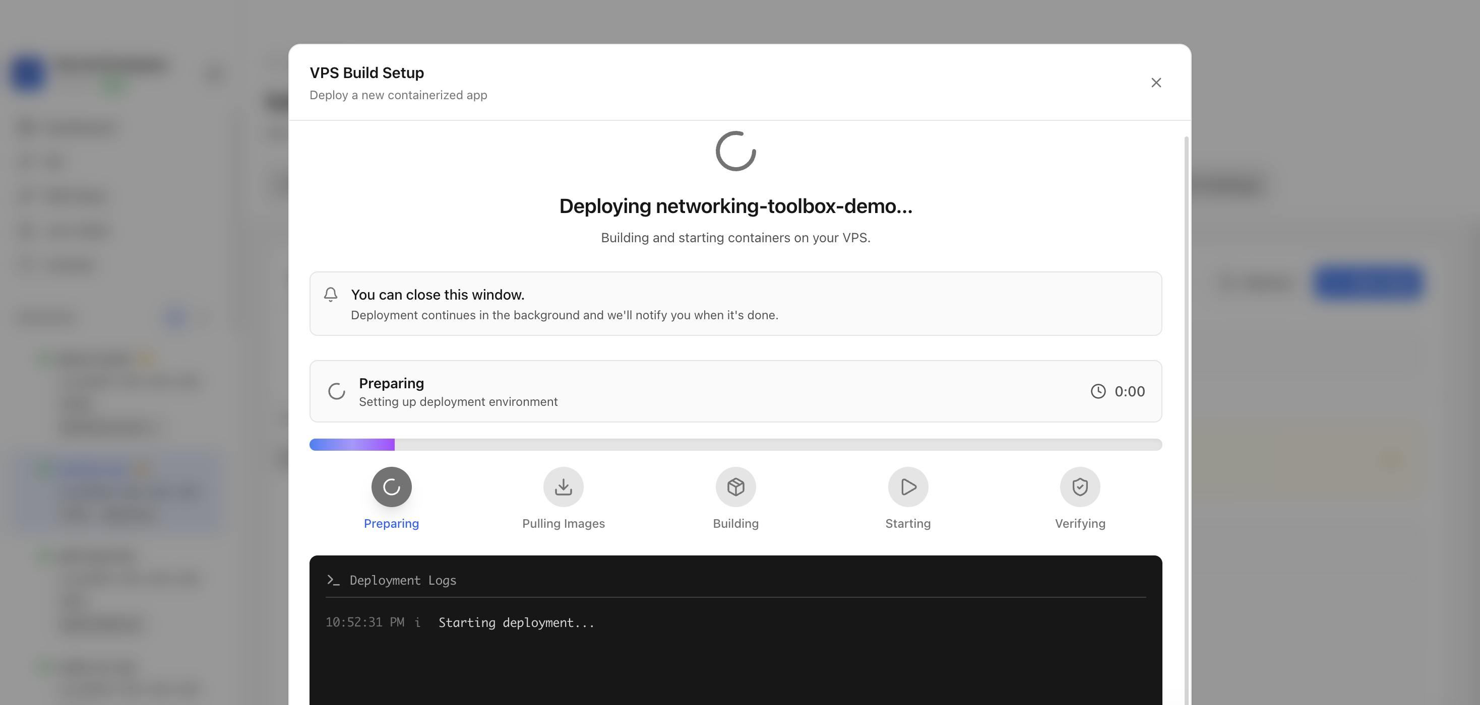 Server Compass deploying the Networking Toolbox template on the VPS