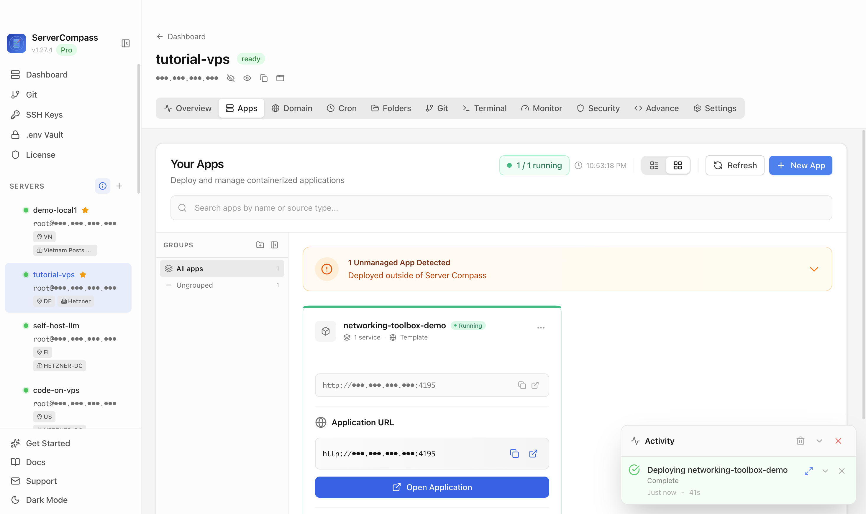Networking Toolbox template running in the Server Compass Apps tab
