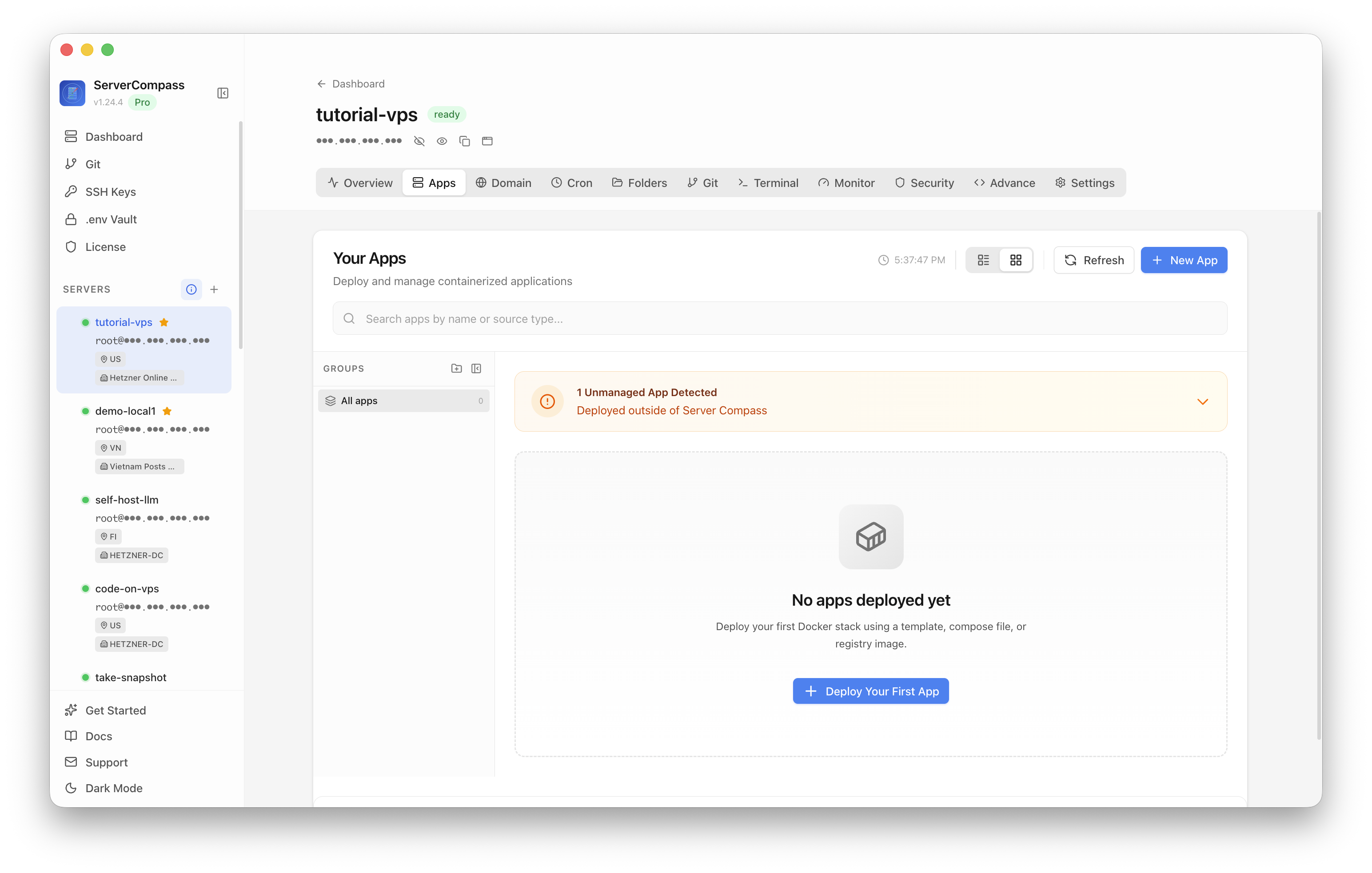 Server Compass Apps tab before creating a Nextcloud app