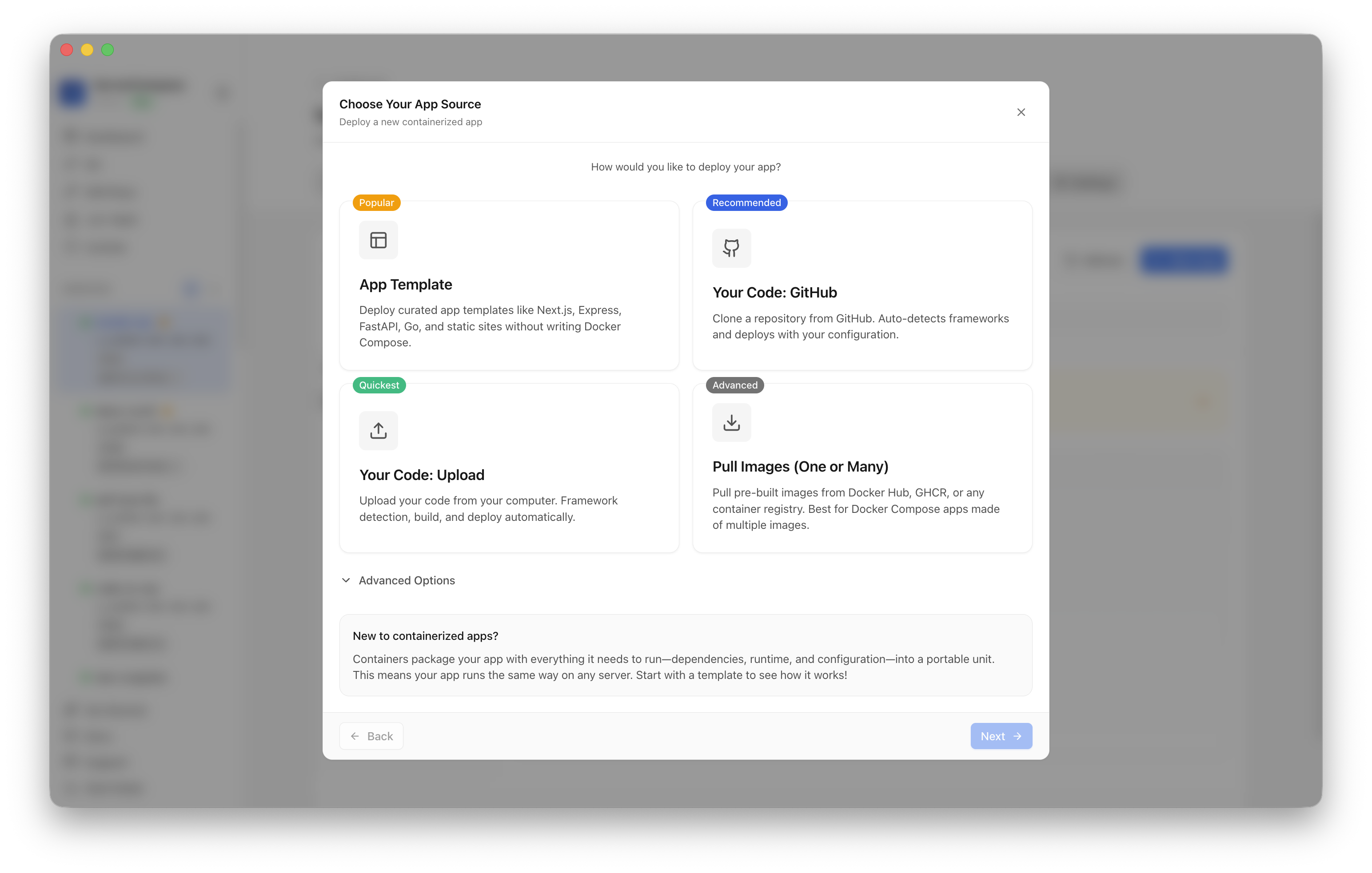 Choosing to deploy an app from a Server Compass template