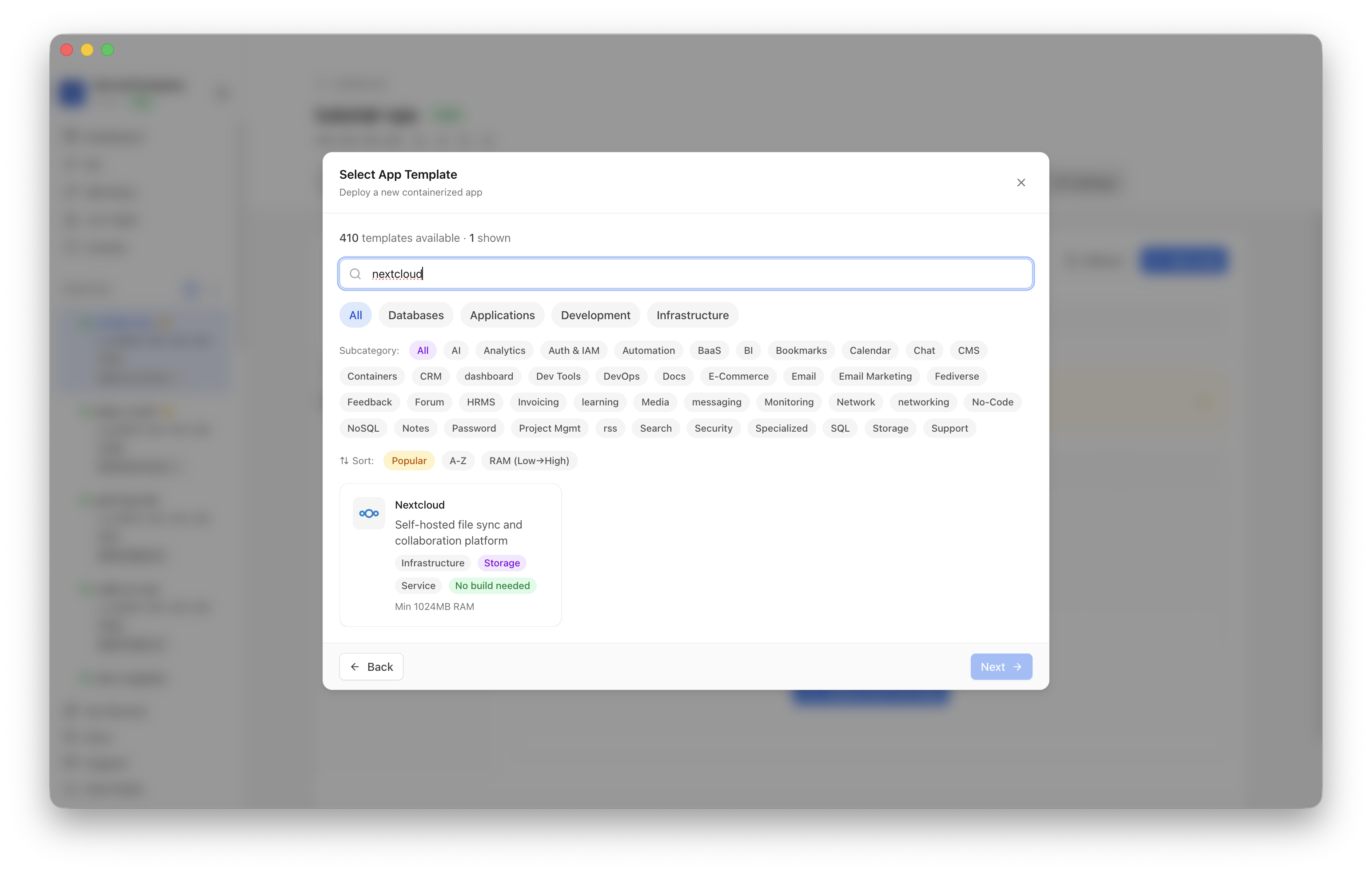 Searching for Nextcloud in the Server Compass template picker