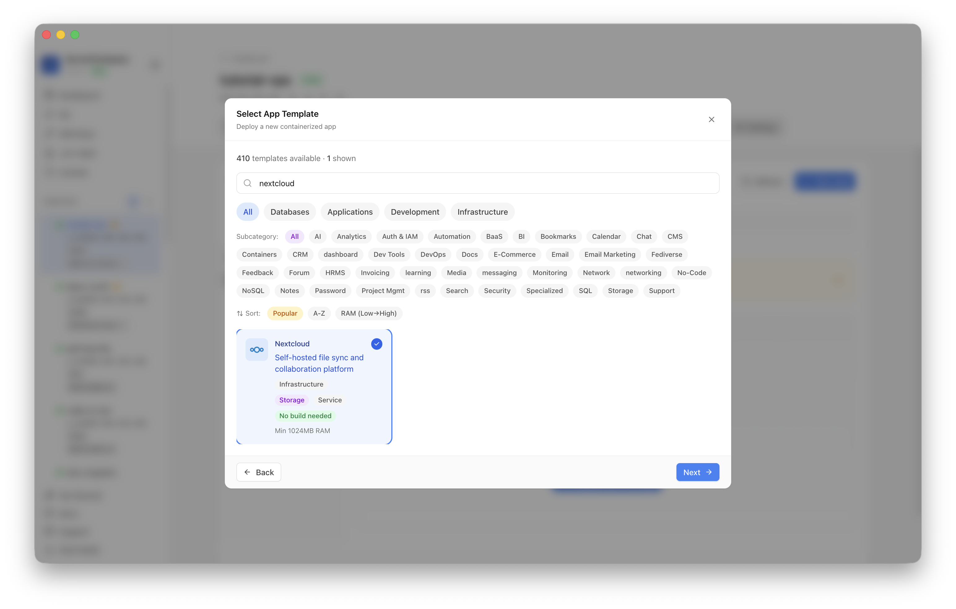Nextcloud template selected in Server Compass