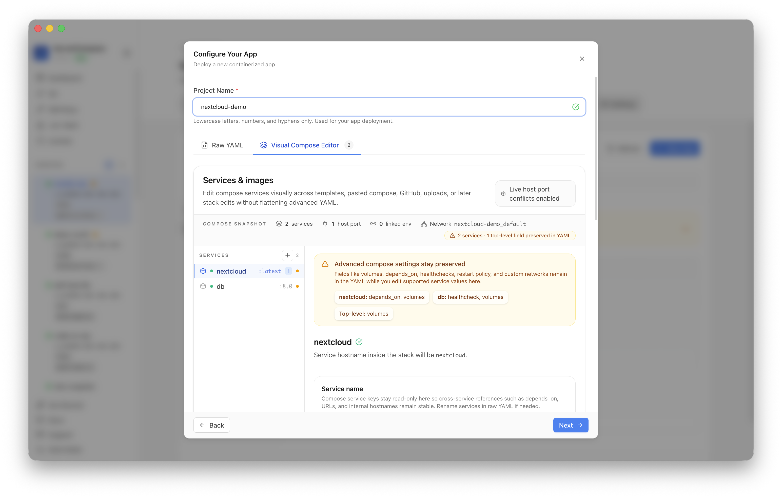Reviewing generated Nextcloud and MySQL service settings