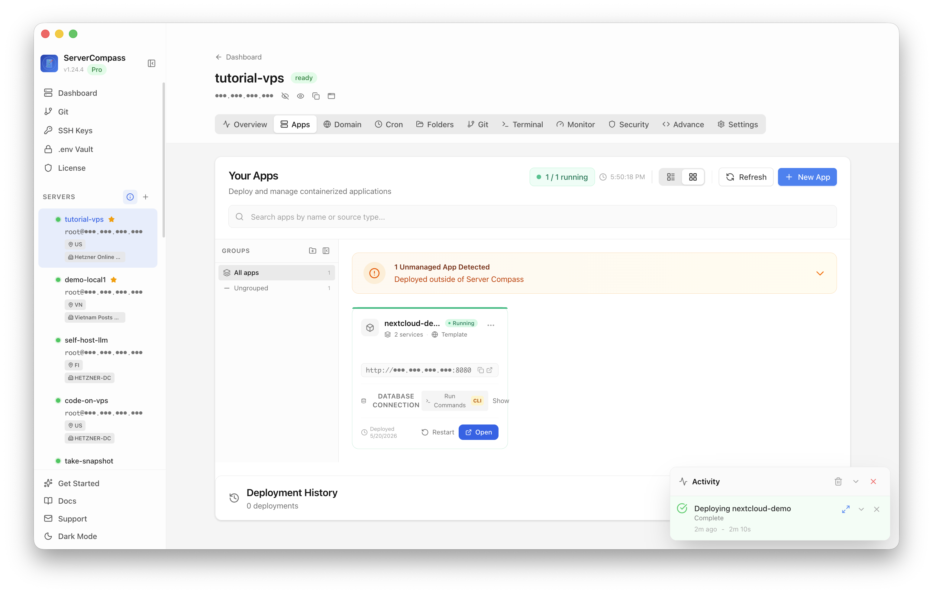 Server Compass deployment activity for the Nextcloud template