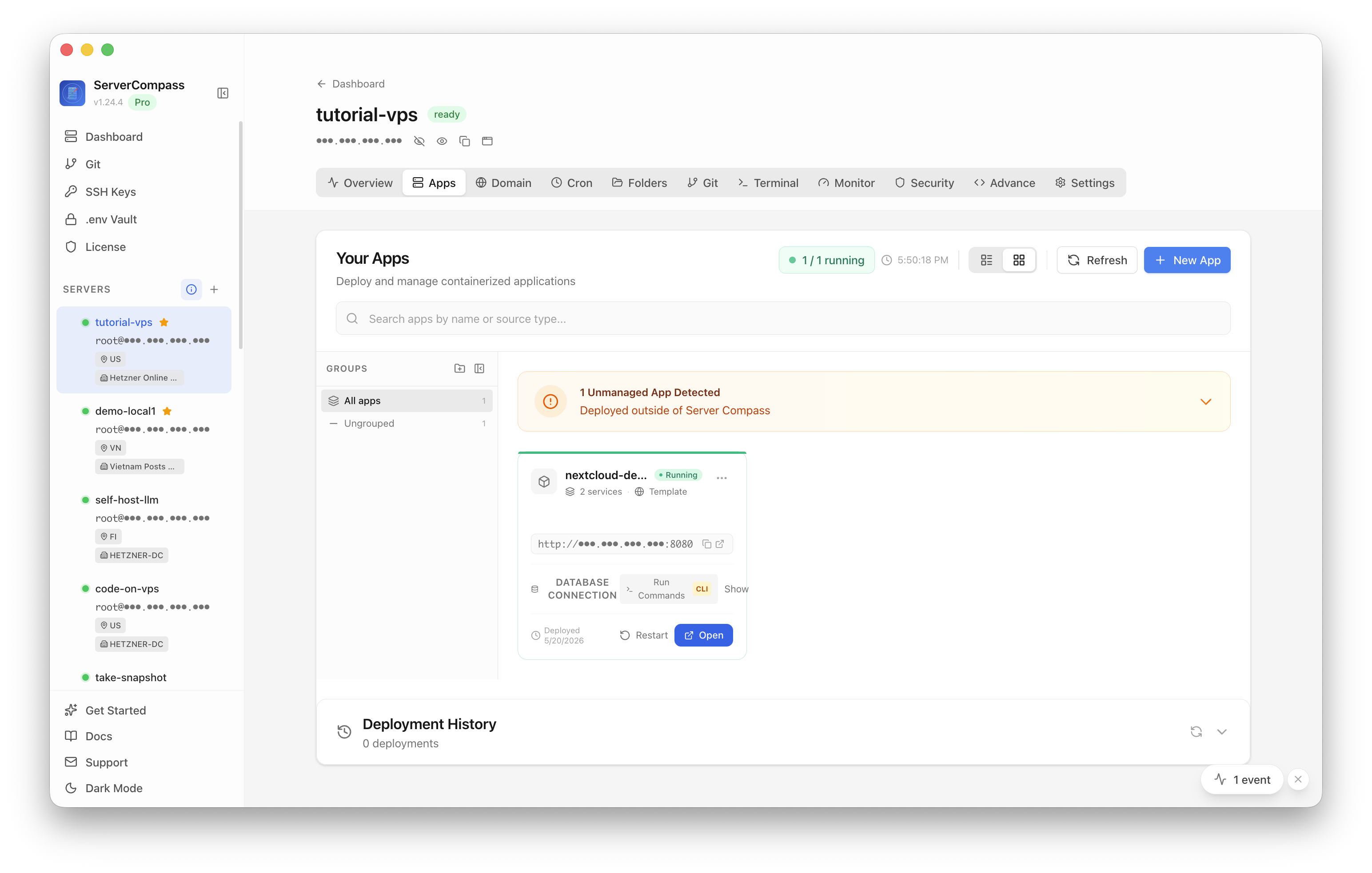 Nextcloud template running in the Server Compass Apps tab
