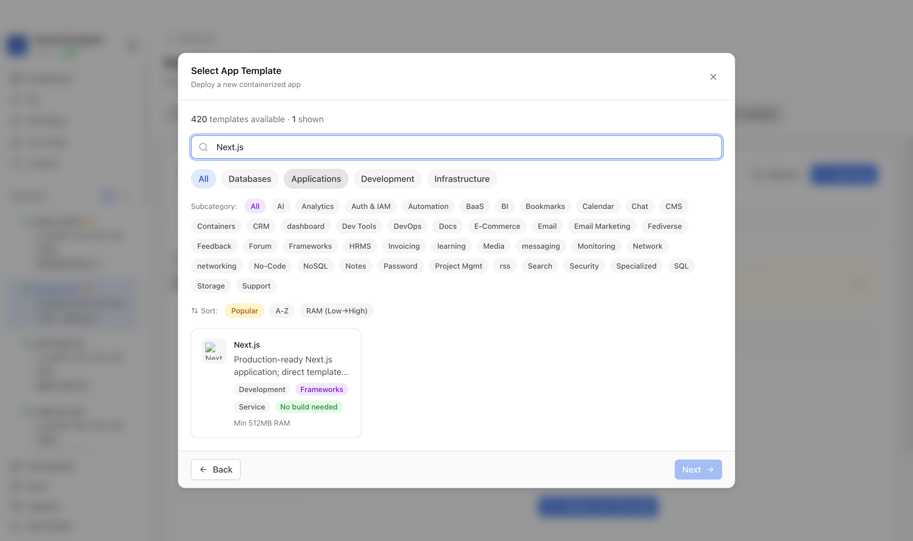 Searching for Next.js in the Server Compass template picker