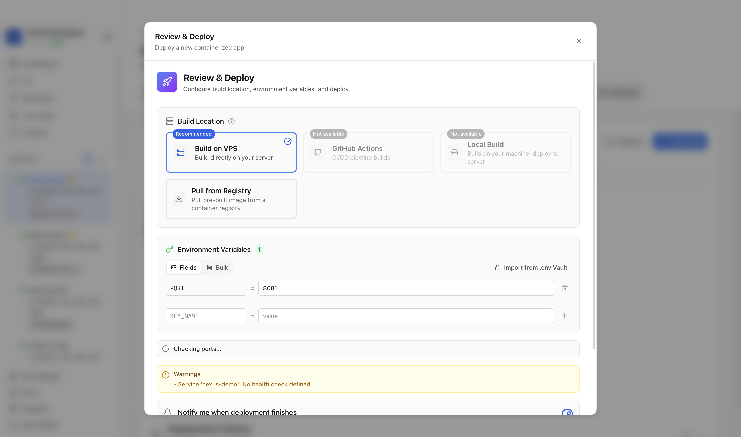 Reviewing Nexus Repository environment variables and port before deployment