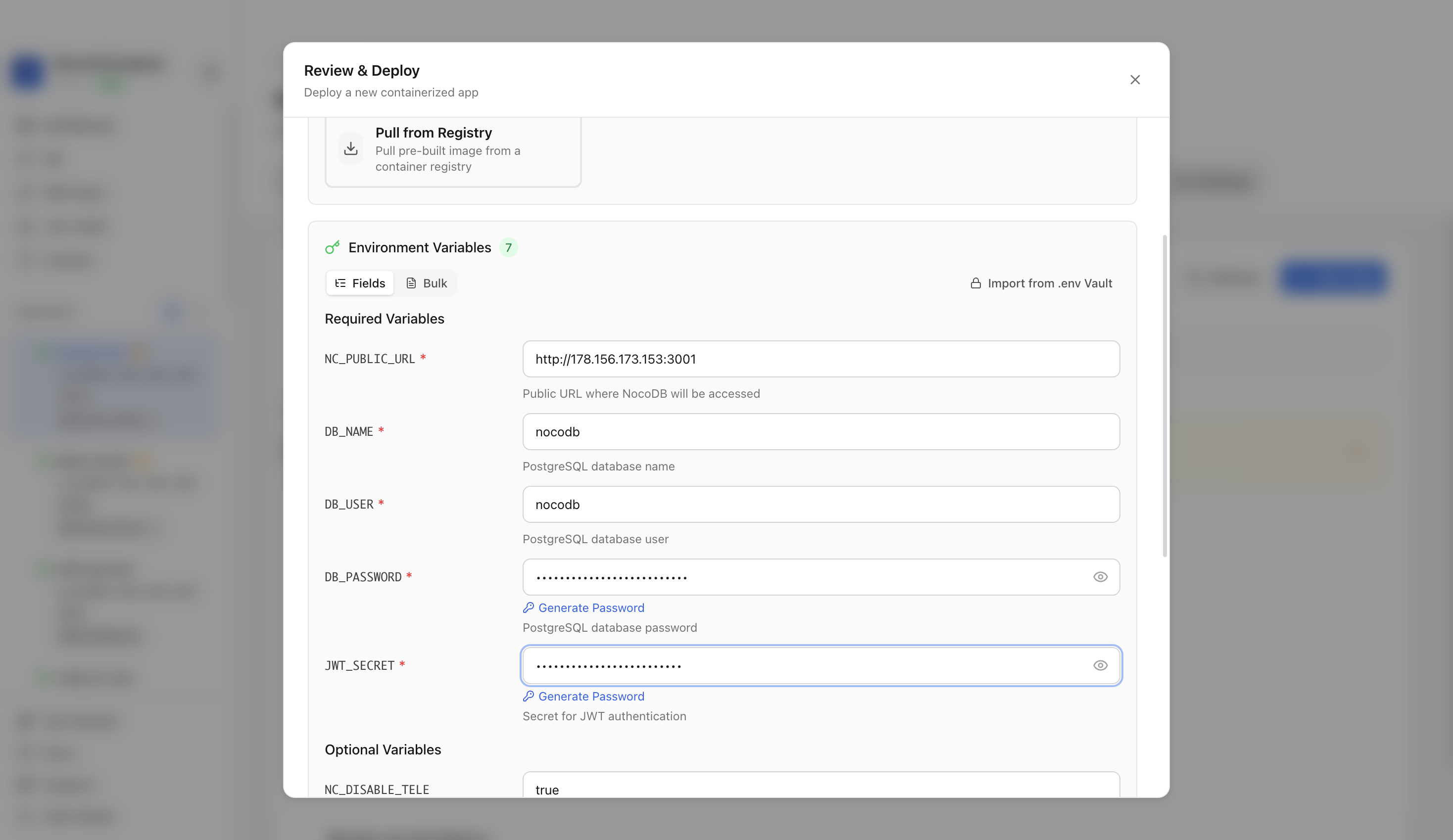 Reviewing NocoDB environment variables and port before deployment