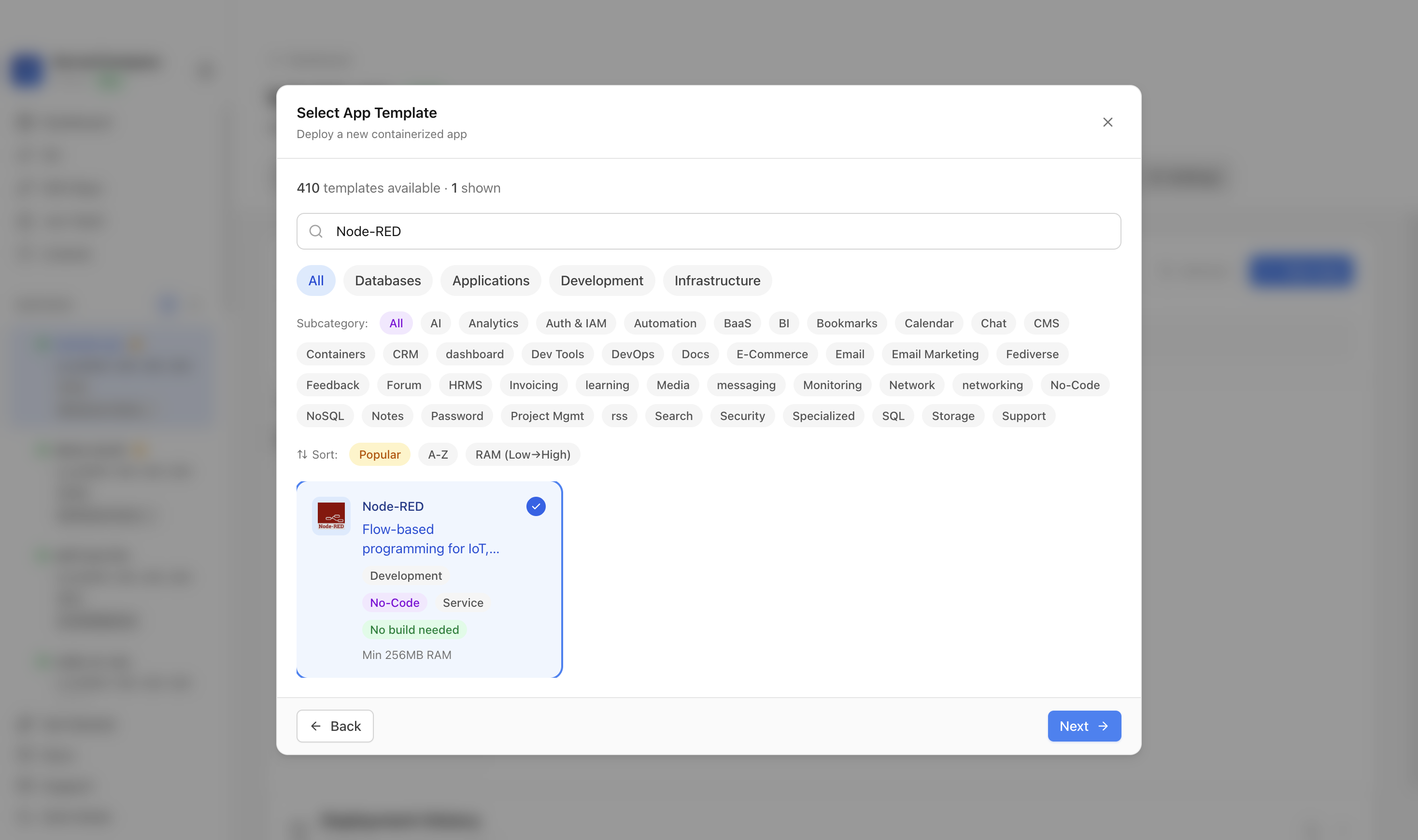 Node-RED template selected in Server Compass