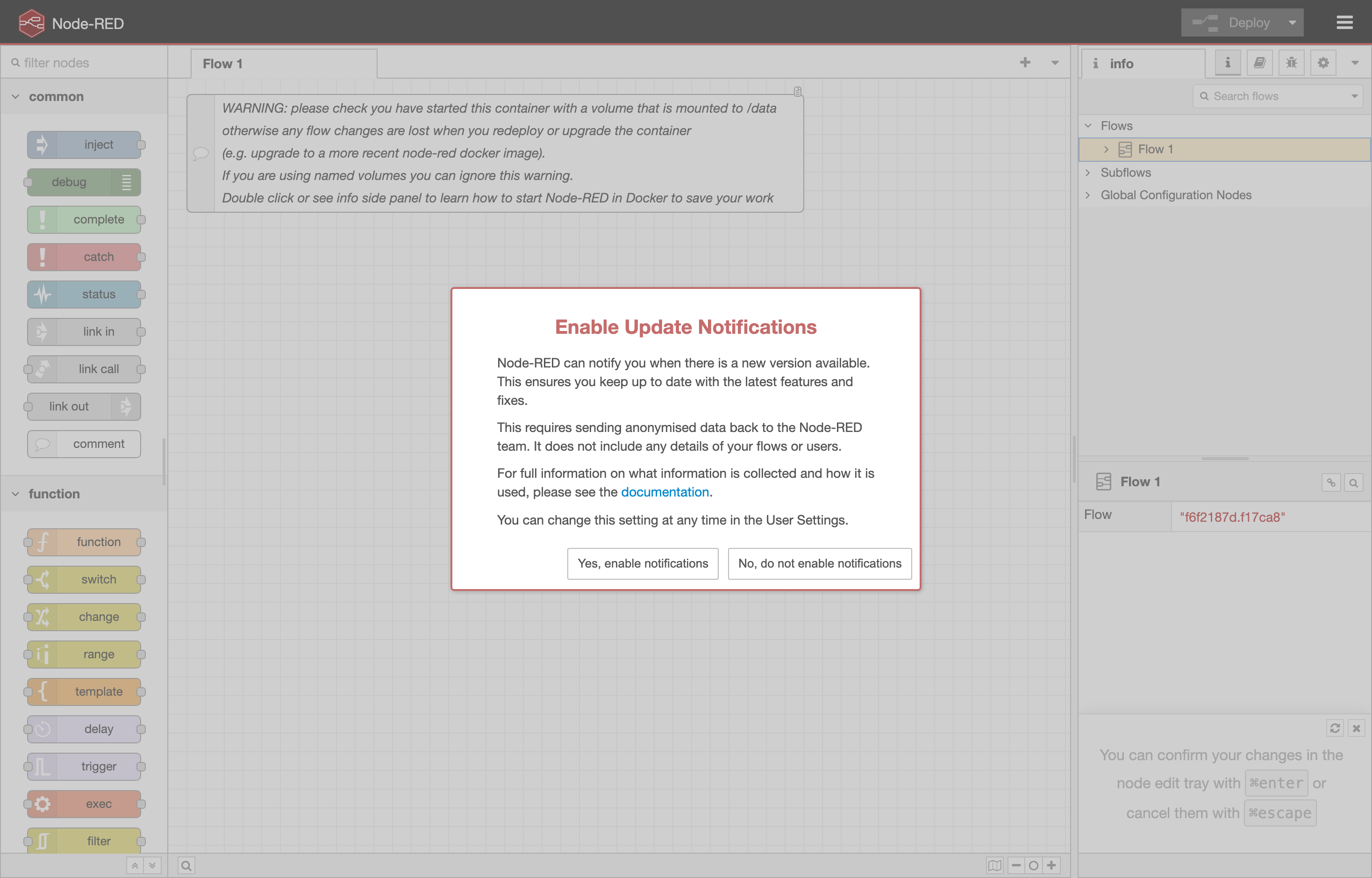 The deployed Node-RED web UI loaded in a browser