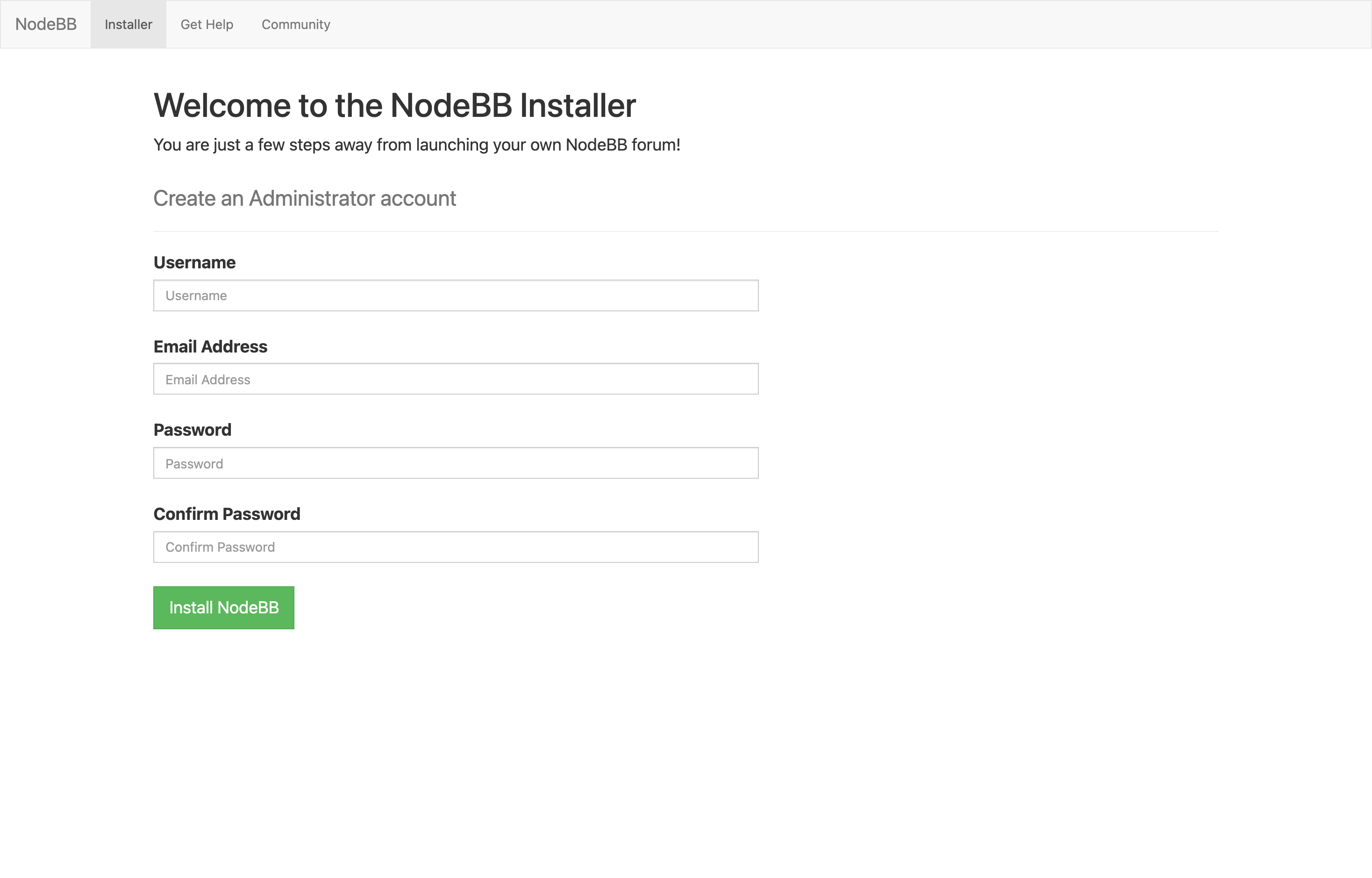 The deployed NodeBB web UI loaded in a browser