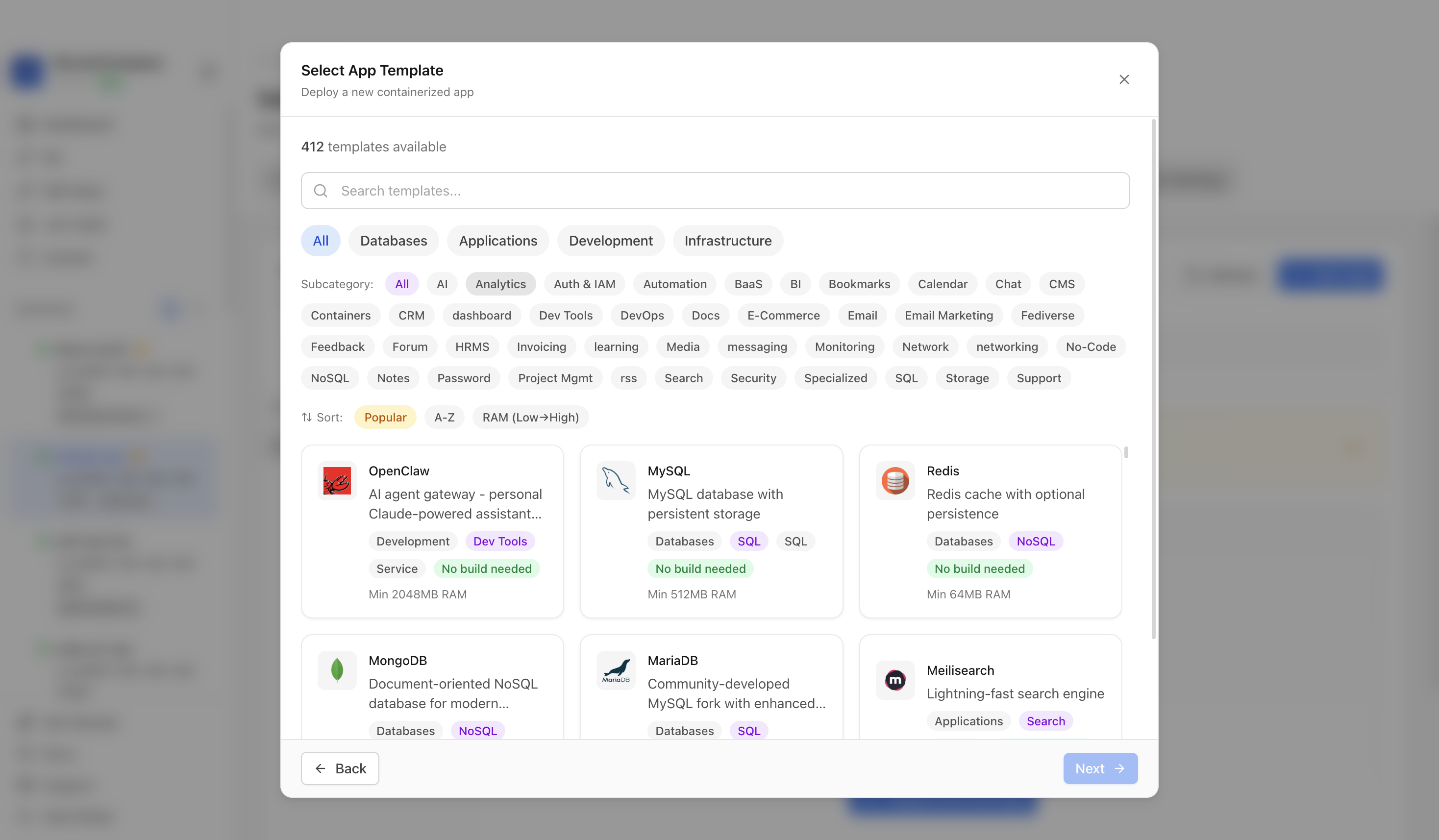 Choosing to deploy an app from a Server Compass template