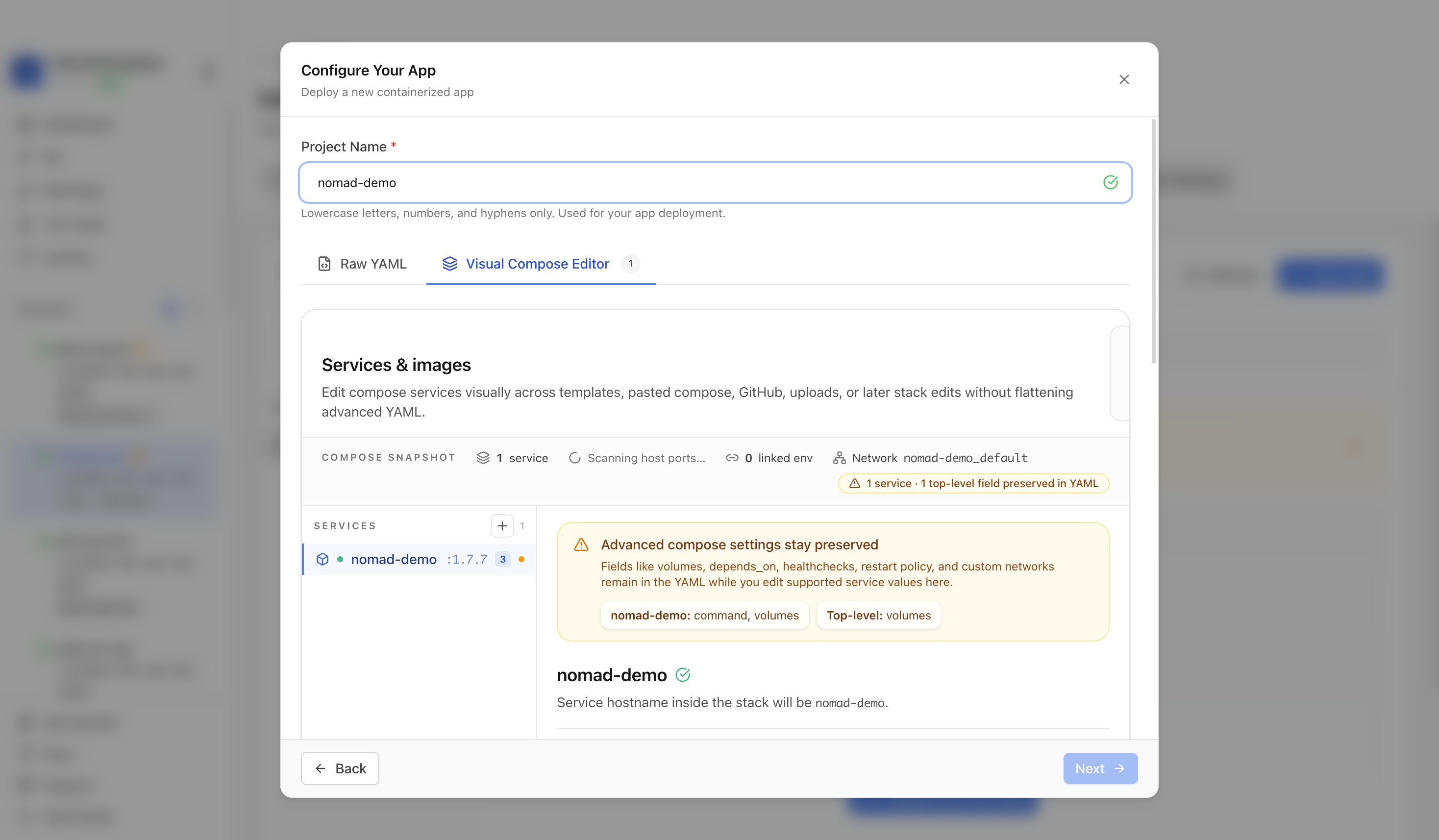 Reviewing Nomad project settings and compose service