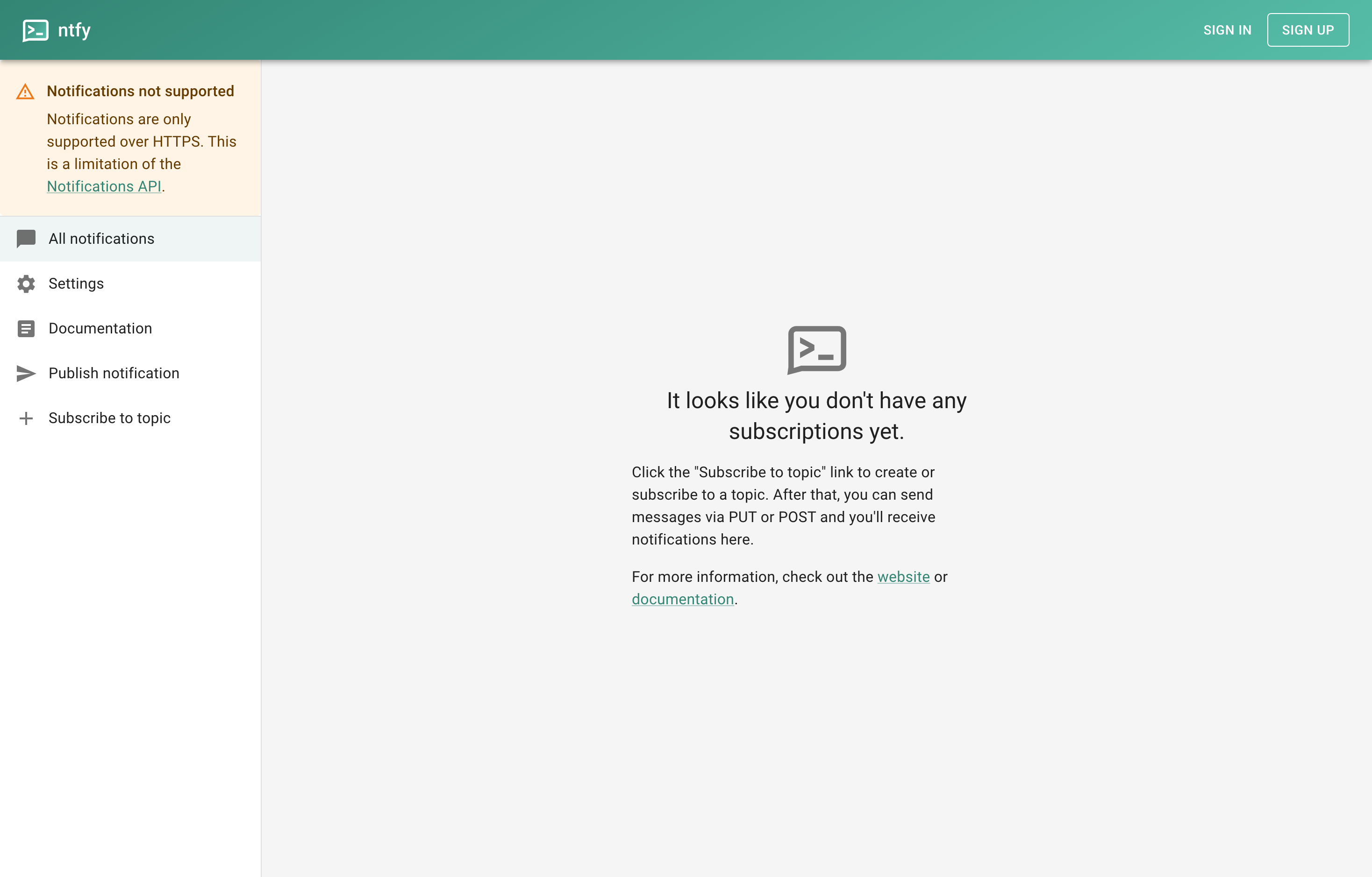 The deployed ntfy web UI loaded in a browser