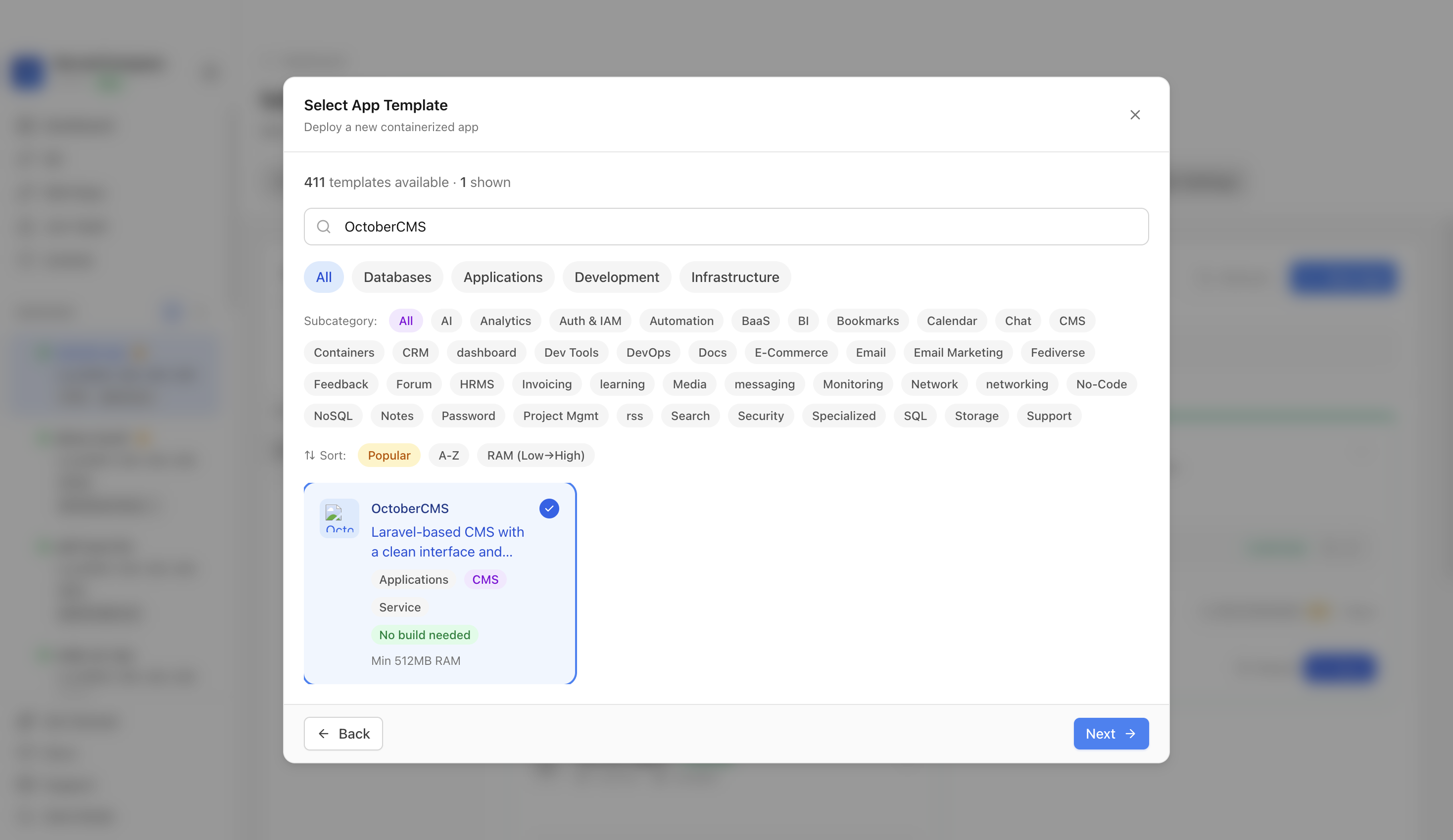 October CMS template selected in Server Compass