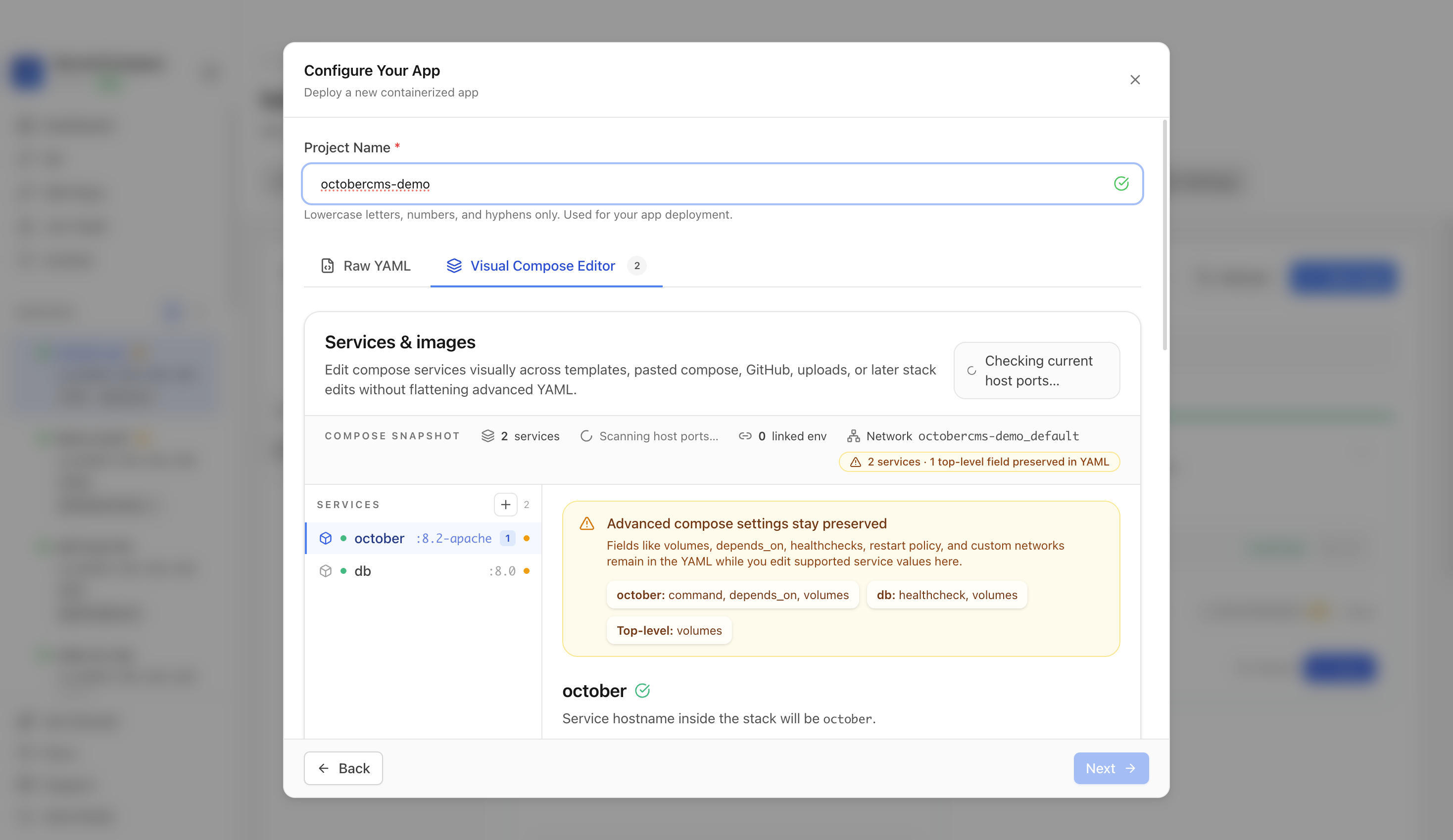 Reviewing October CMS project settings and compose services