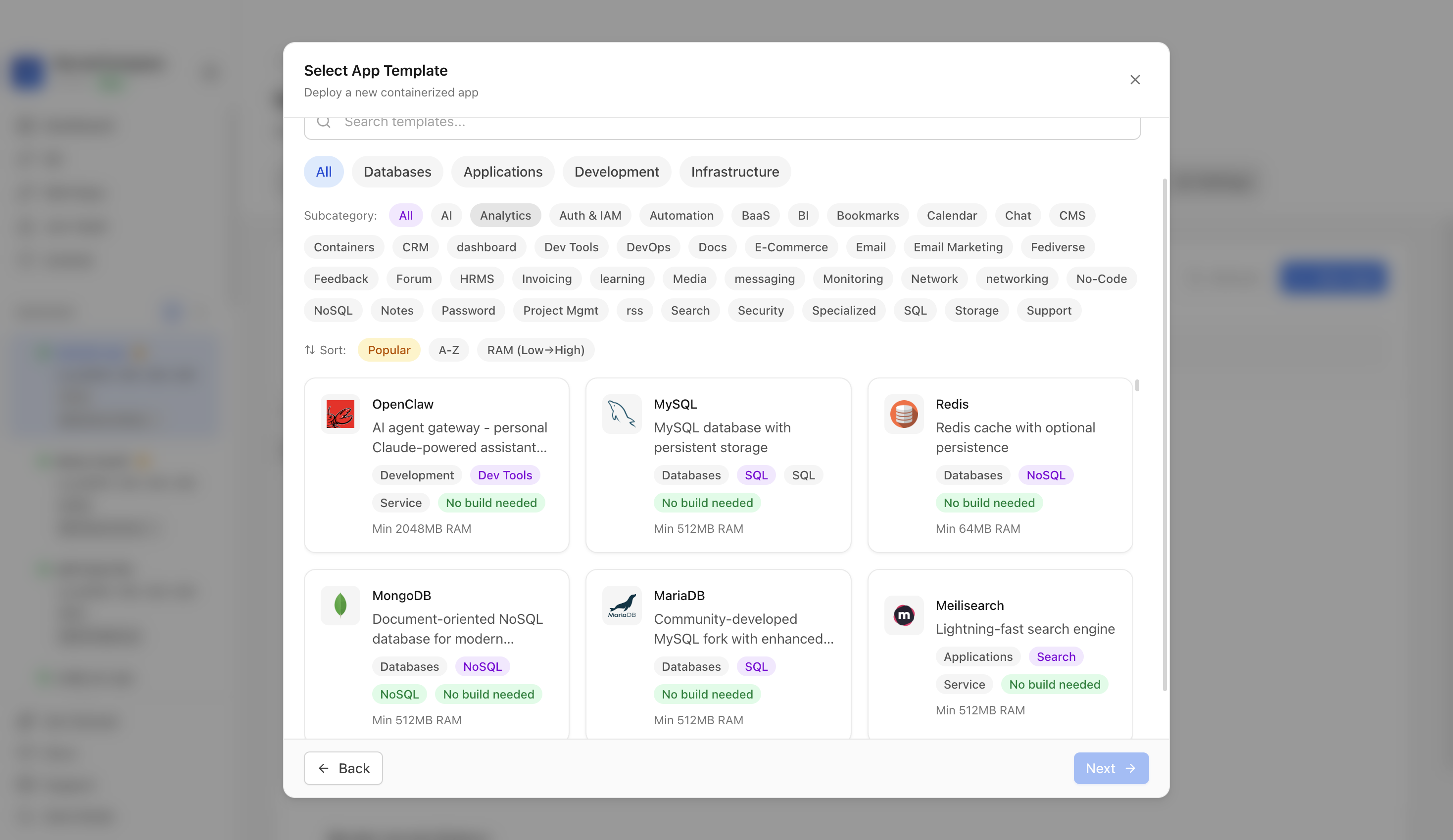 Choosing to deploy an app from a Server Compass template