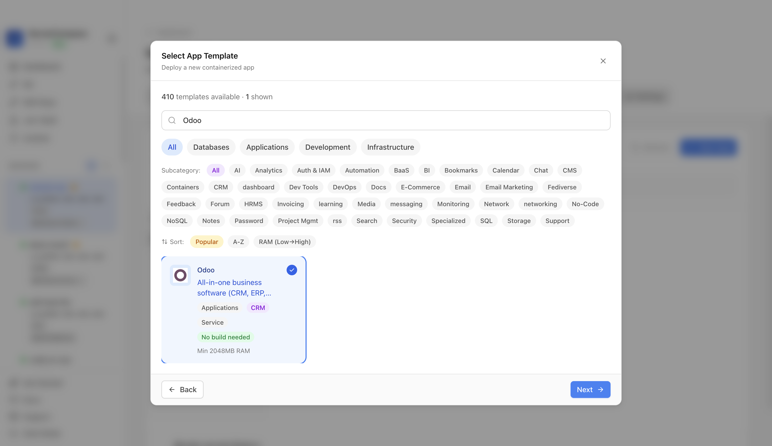 Odoo template selected in Server Compass