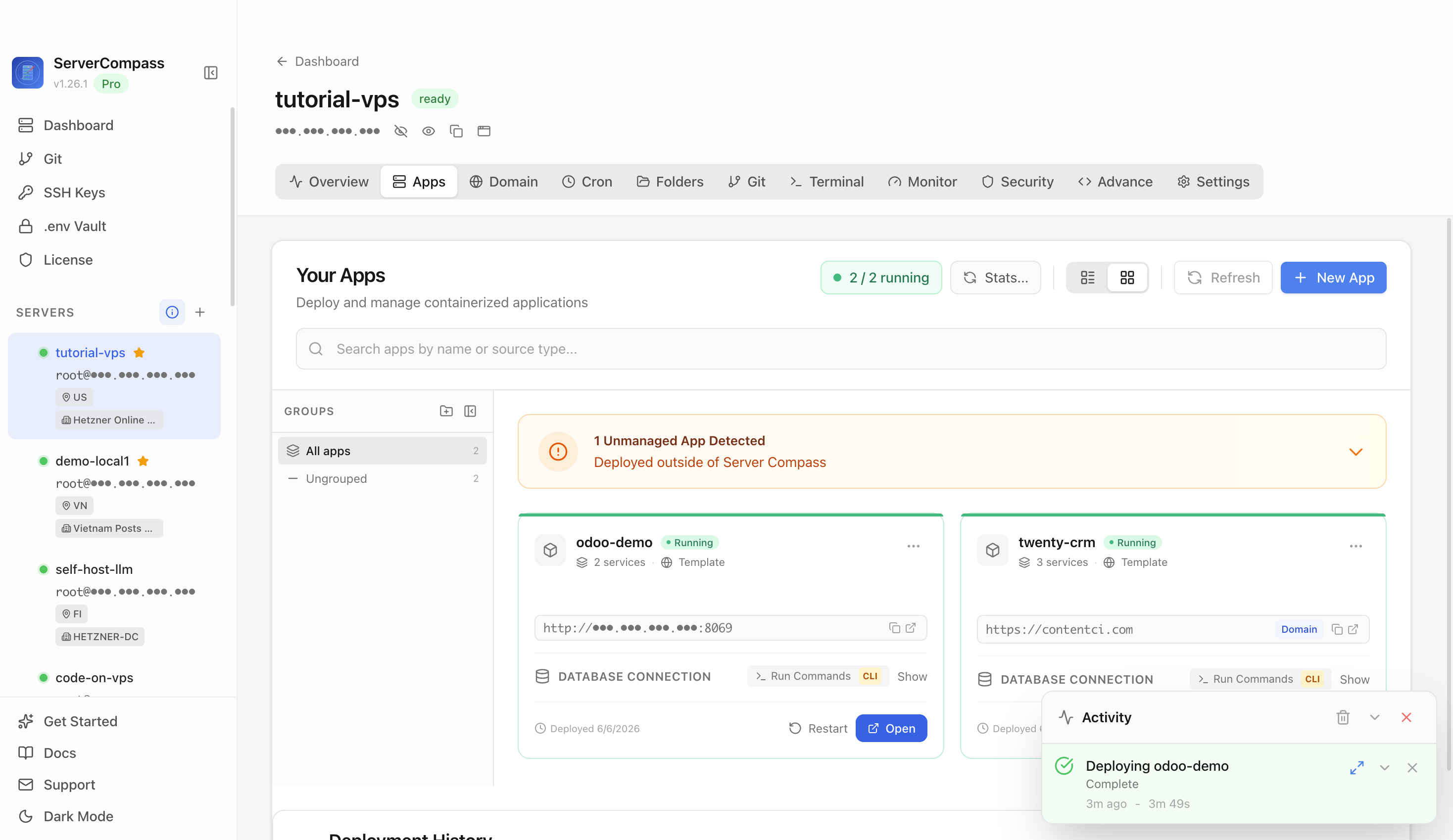 Odoo template running in the Server Compass Apps tab